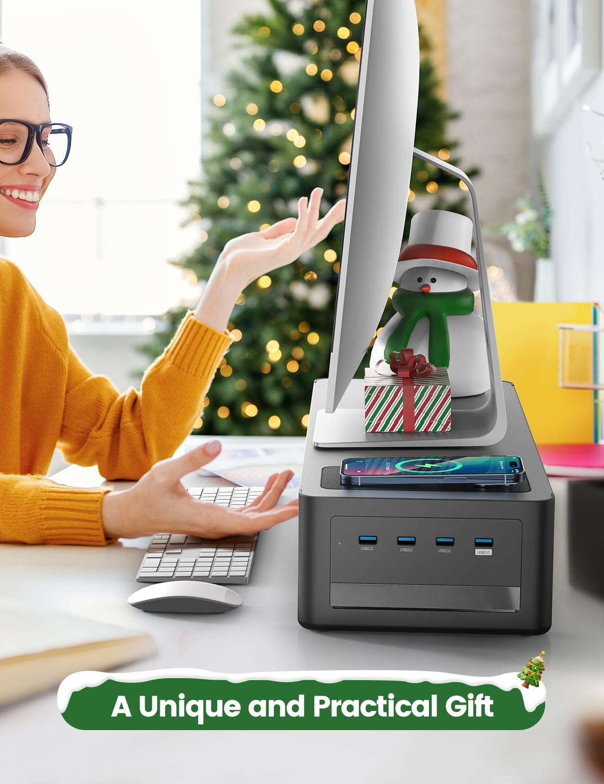 Meatanty 3 In 1 Monitor Stand Riser With 2 Drawers,1 Wireless Charging Module And 4 Usb Ports,Metal Computer Stand Support Trans