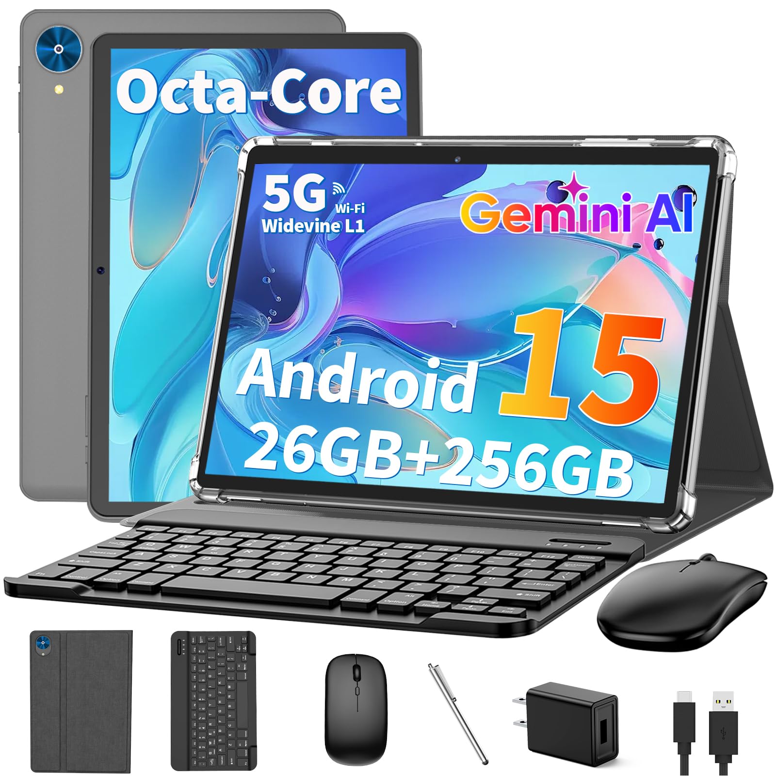 Android 15 tablet with keyboard, 26GB RAM+256GB ROM(2TB Expand), 10 inch tablet with 8000mAh Battery, 2.4G/5G WiFi, BT 5.0, 5MP+