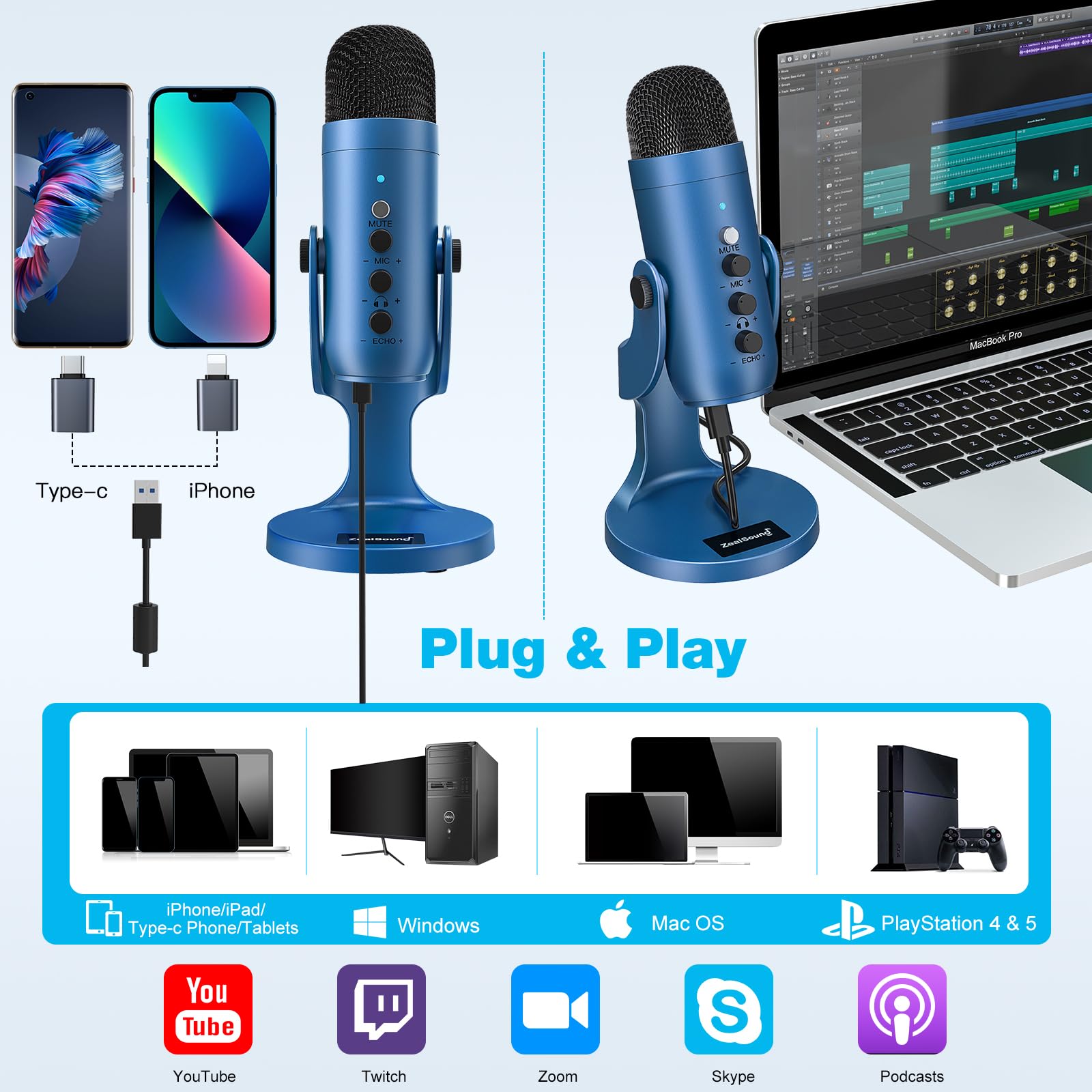 Zealsound Usb Microphone,Condenser Gaming Mic For Phone/Laptop/Pc/Ps4/5/Computer,Microphone With Gain Knob,Led Mute,Monitor Volu