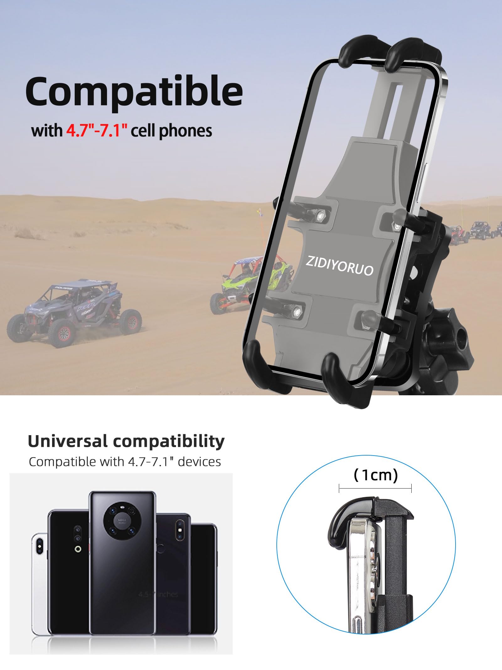 Zidiyoruo Anti Vibration Utv Phone Mount Heavy Duty, Full Protection Utv Phone Holder With Aluminum Bracket Fit For 1.75 2'' Rol