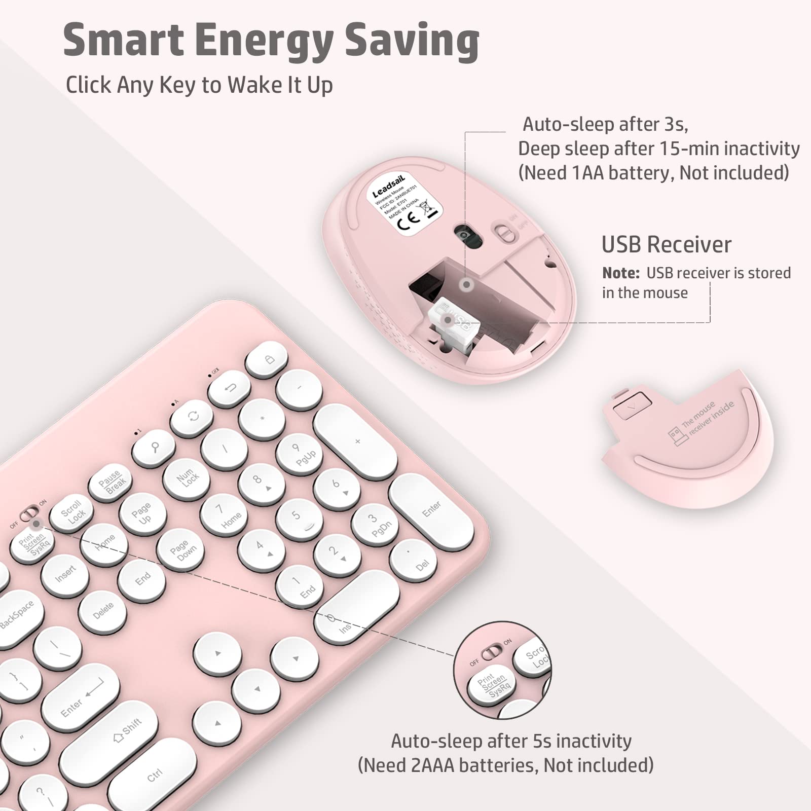 Leadsail Pink Wireless Keyboard And Mouse Combo, Full Sized Ergonomic Computer Keyboard With Phone Tablet Holder, 2.4Ghz Silent