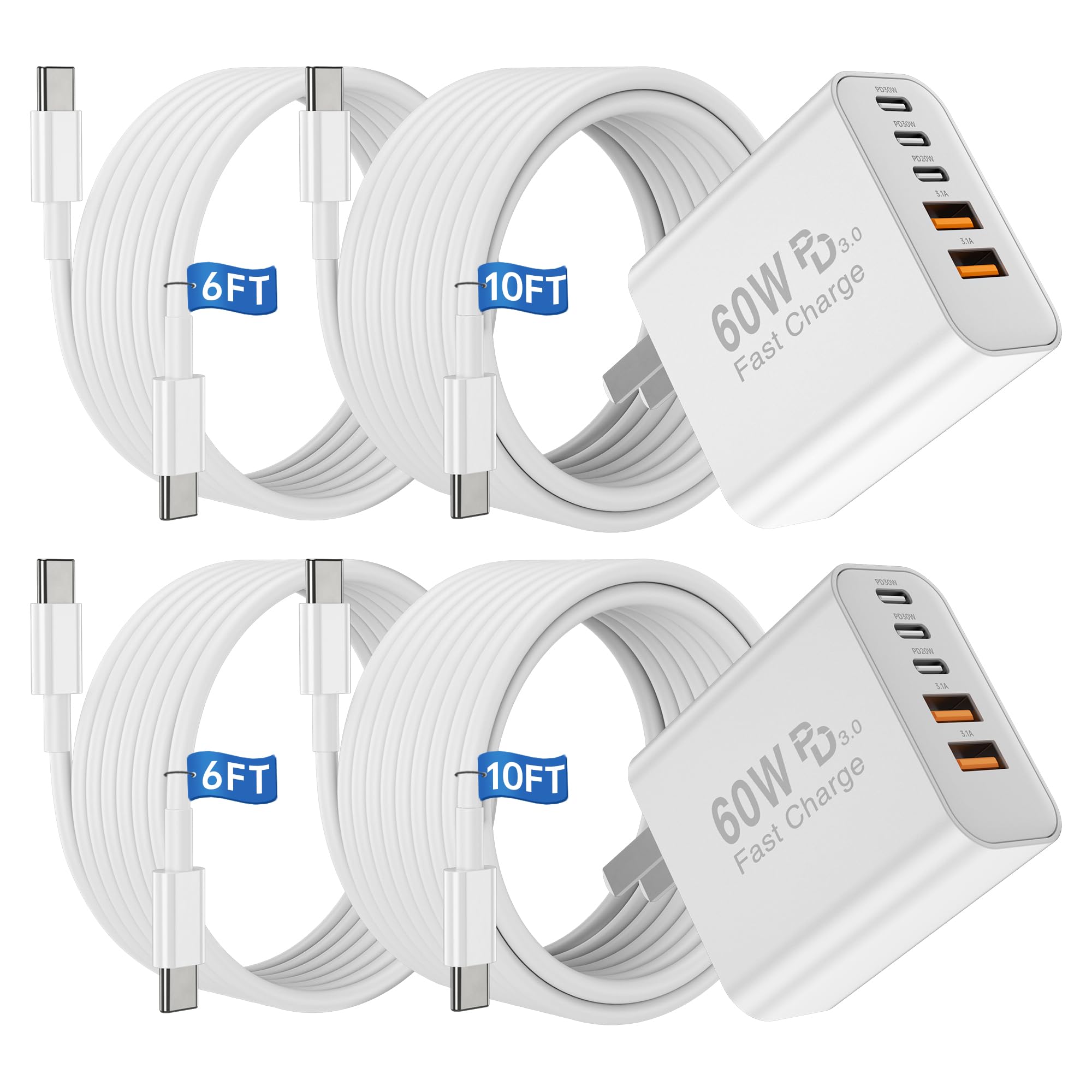 USB C Fast Charger Block, 60W 5-Port Type C Charging Block Plug and 6ft 10ft Long USB C Cable for Apple iPhone 17 Pro Max/17 Air