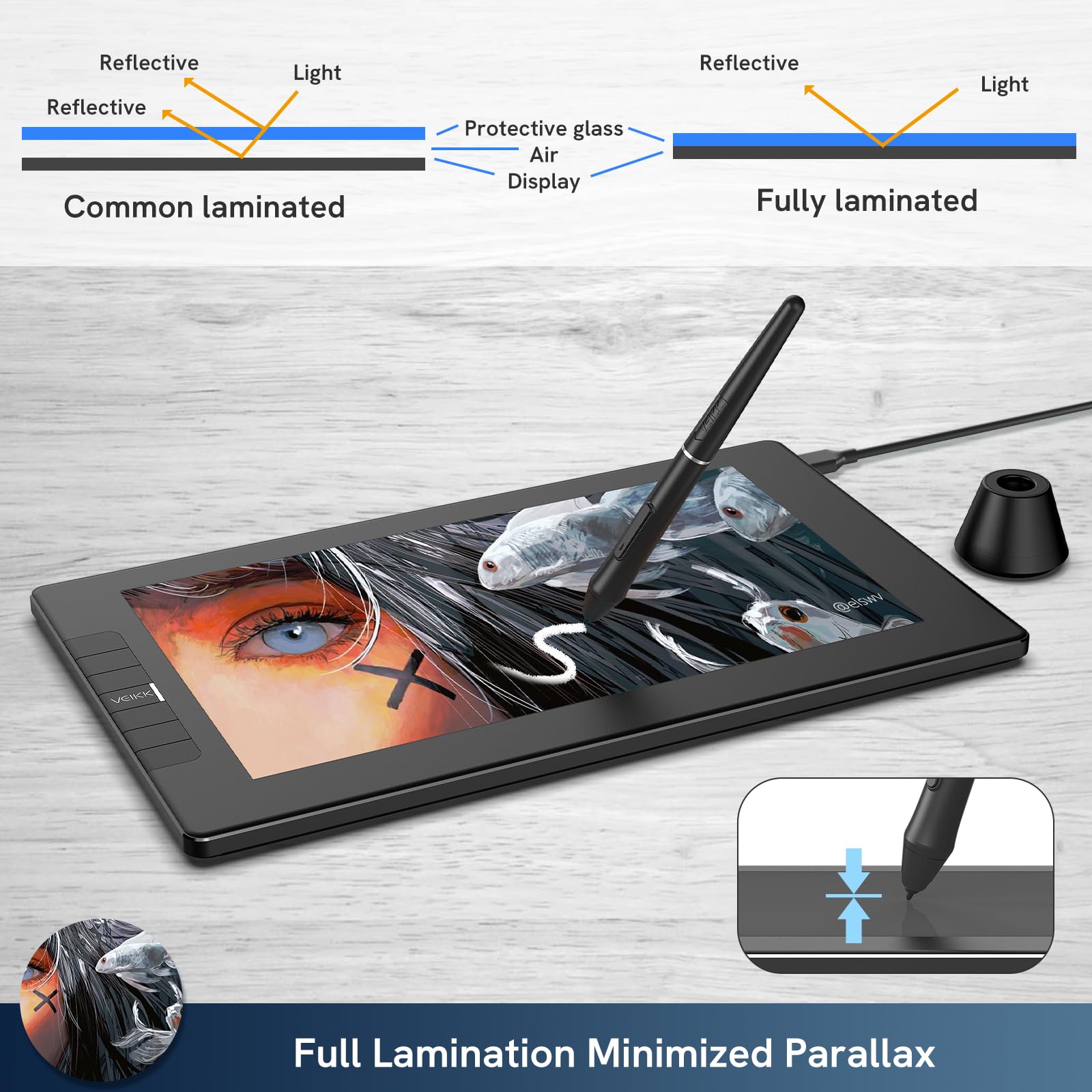 Veikk Vk1200 Drawing Tablet With Screen,11.6 Inch Full-Laminated Graphic Drawing Monitor,2 Battery-Free Pen And Tilt Function,6