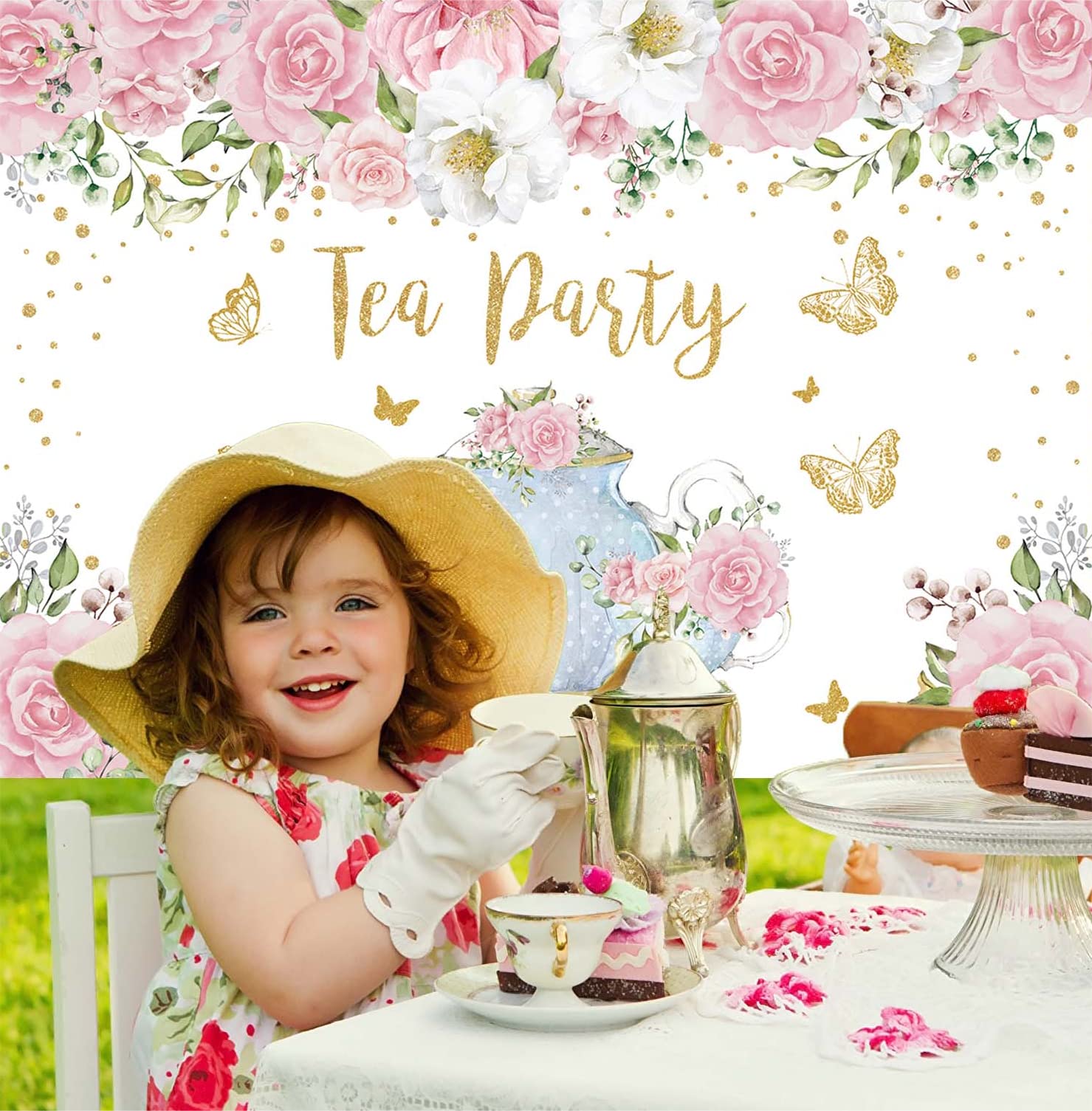 Tea Party Backdrop Pink Rose Floral Gold Butterfly Teapot Let'S Partea Background Spring Girl Princess Wonderland Afternoon Tea
