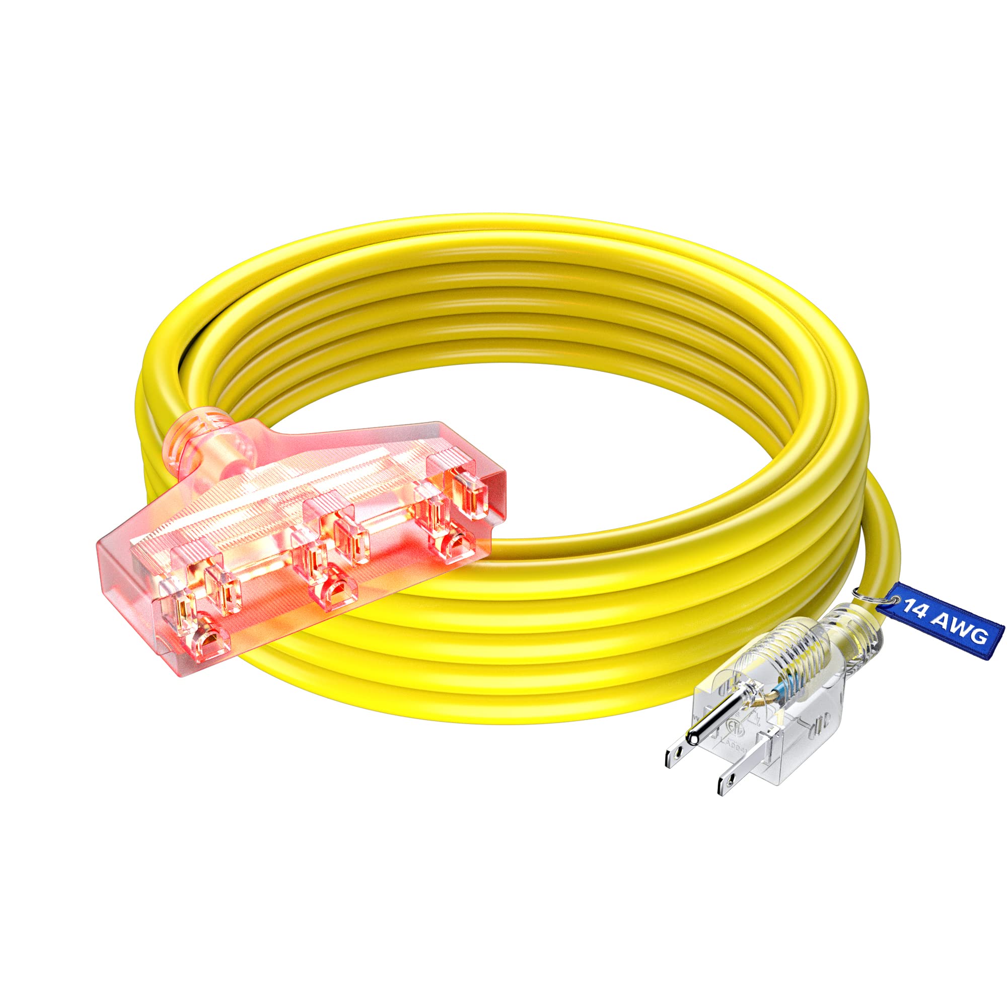 Extension Cord 25 Ft, Extension Cord With Multiple Outlets, Sjtw 14 Gauge (Yellow) Etl Listed