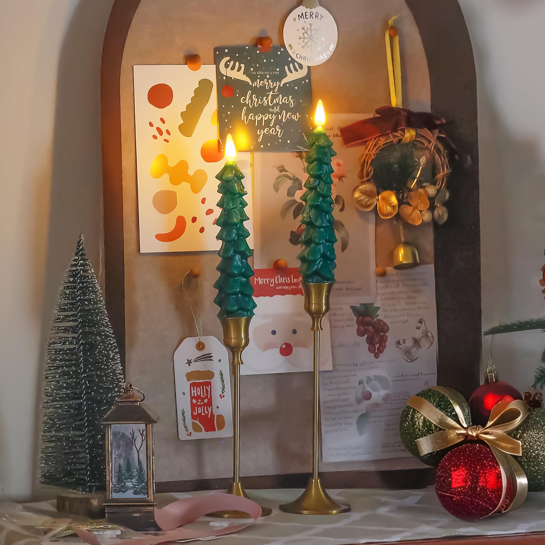 Zevanor Green Tree Flameless Real Wax Taper Candles With Remote Timer, Battery Operated Flickering 3D Wick Led Candlesticks 0.78