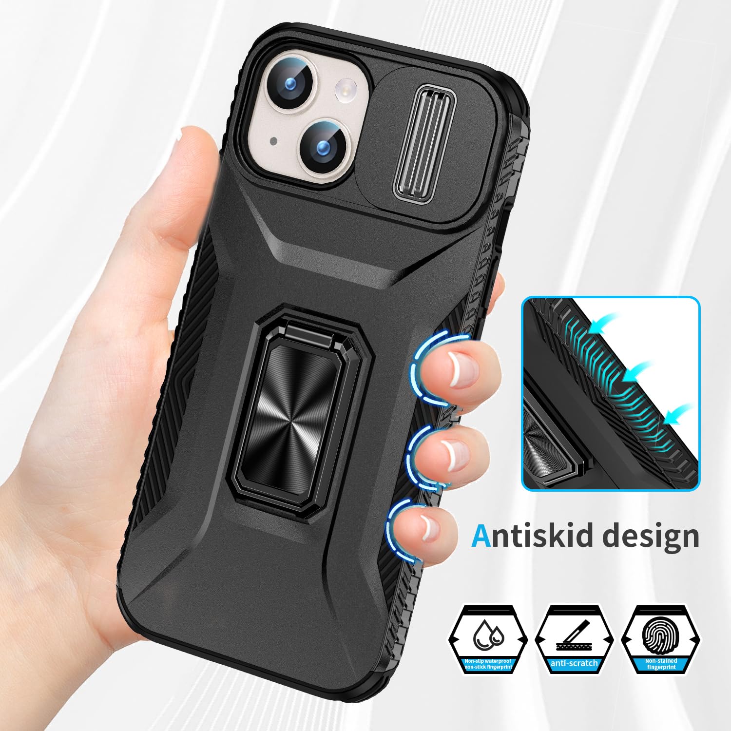 Hitaoyou For Iphone 15 Case, Phone Case Iphone 15,Iphone 15 Case With Camera Cover & Kickstand Military Grade Shockproof Heavy D