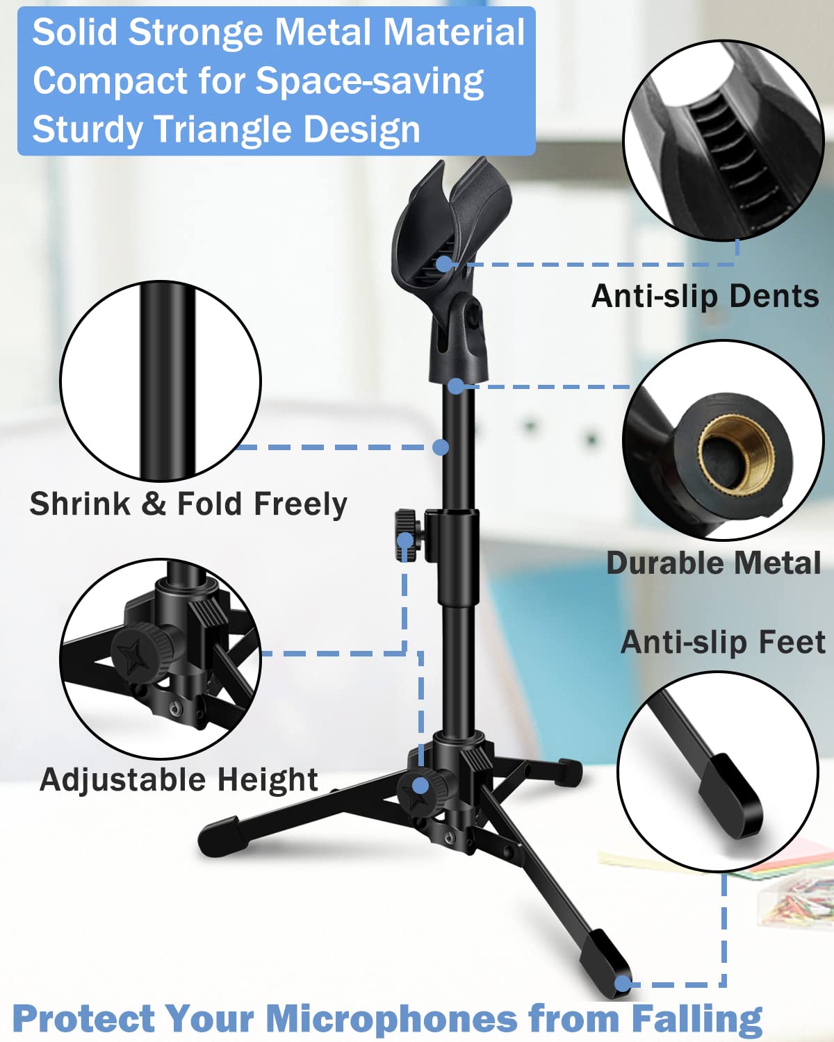 Mictop 2 Pack Desktop Mic Stand, Portable Foldable Tripod With Mic Clip Holder, Adjustable Microphone Stand For Dynamic Micropho