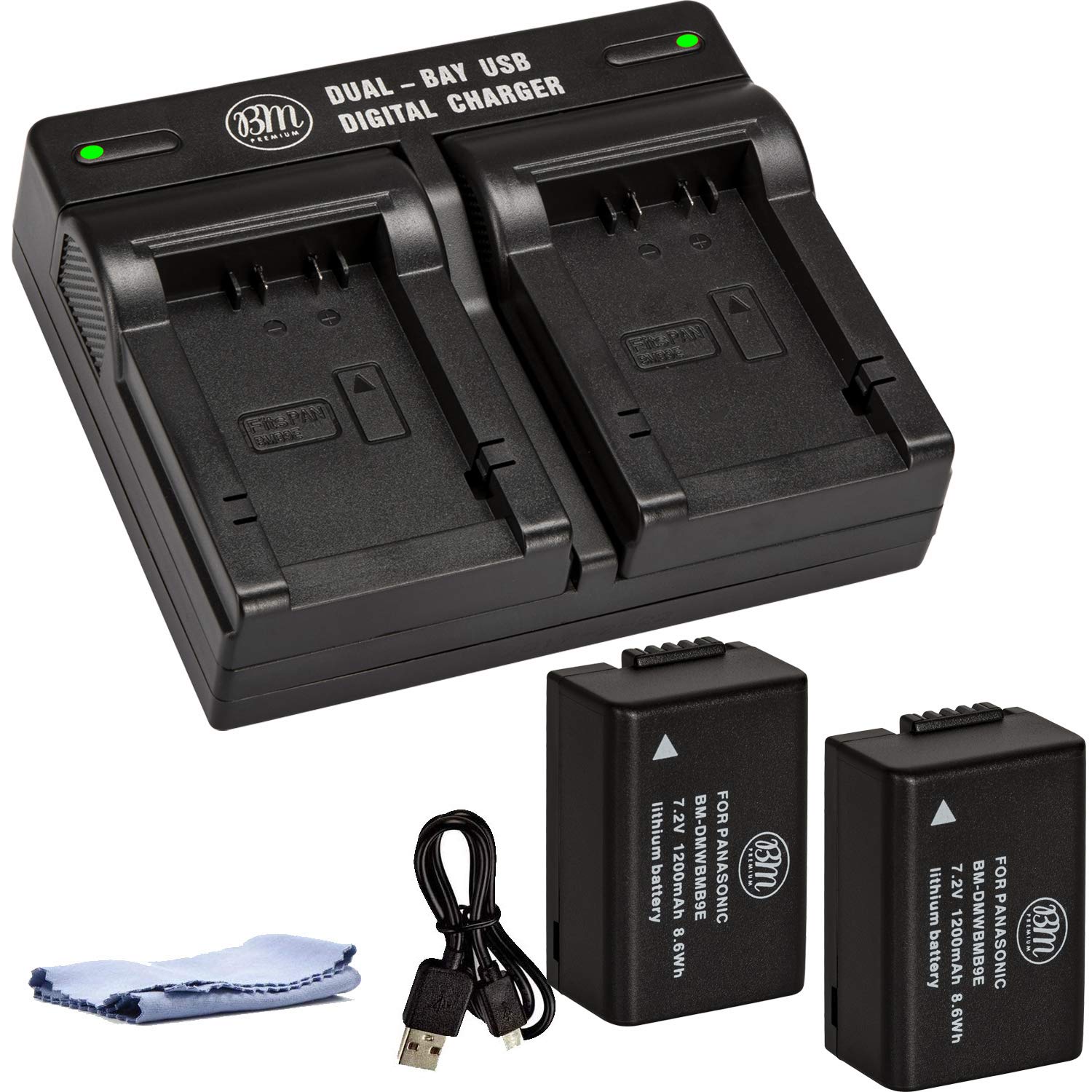 BM Premium 2 Pack of DMW BMB9 Batteries and Dual Bay Battery Charger for Panasonic Lumix DC FZ80, DC FZ80D, DMC FZ40K, DMC FZ45K, DMC FZ47K, DMC FZ48K, DMC FZ60, DMC FZ70, DMC FZ100, DMC FZ150 Cameras