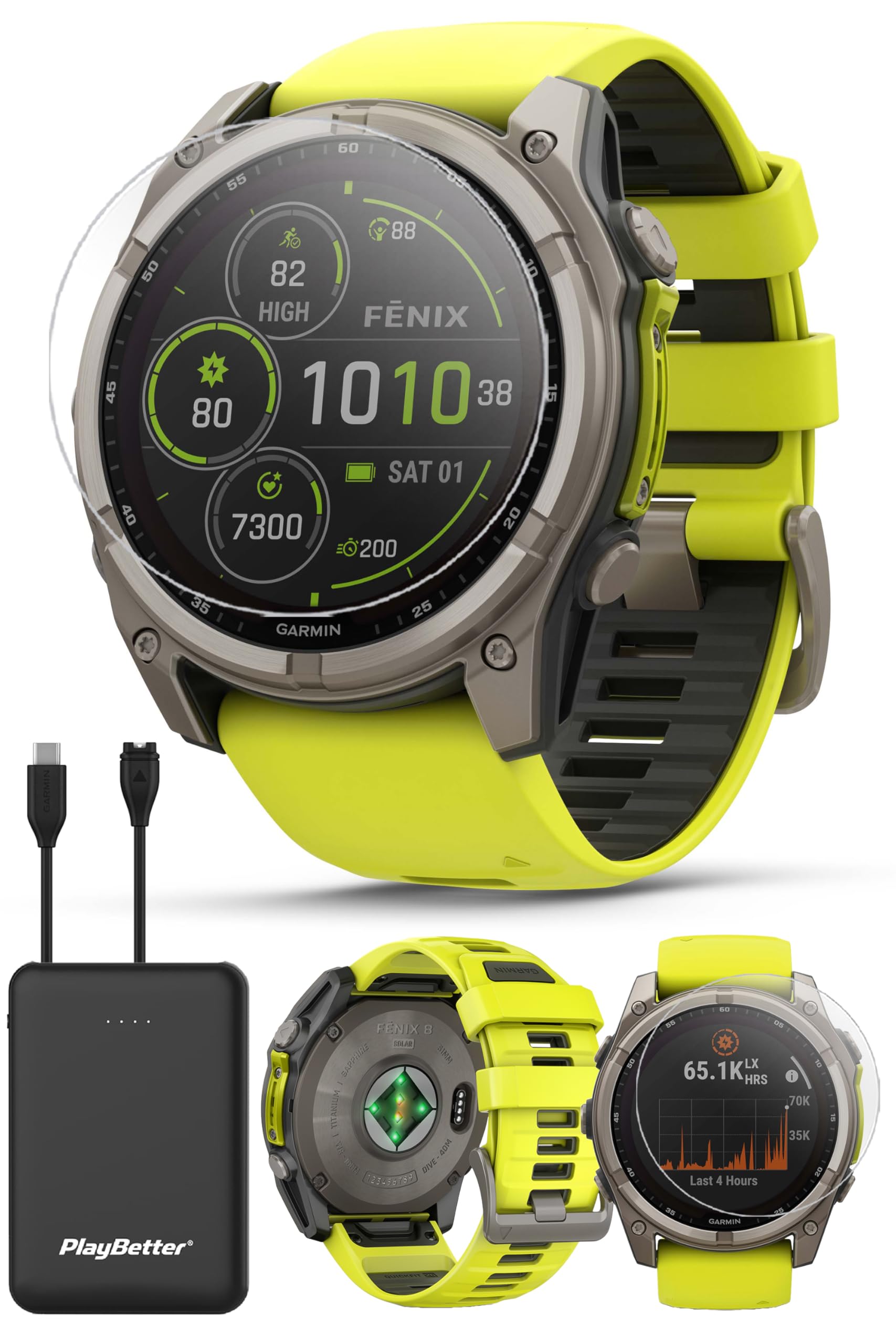 PlayBetter Garmin Fenix 8 Solar Sapphire (51mm, Titanium/Amp Yellow) Multisport GPS Smartwatch Bundle - 1.4    Touchscreen, Buil