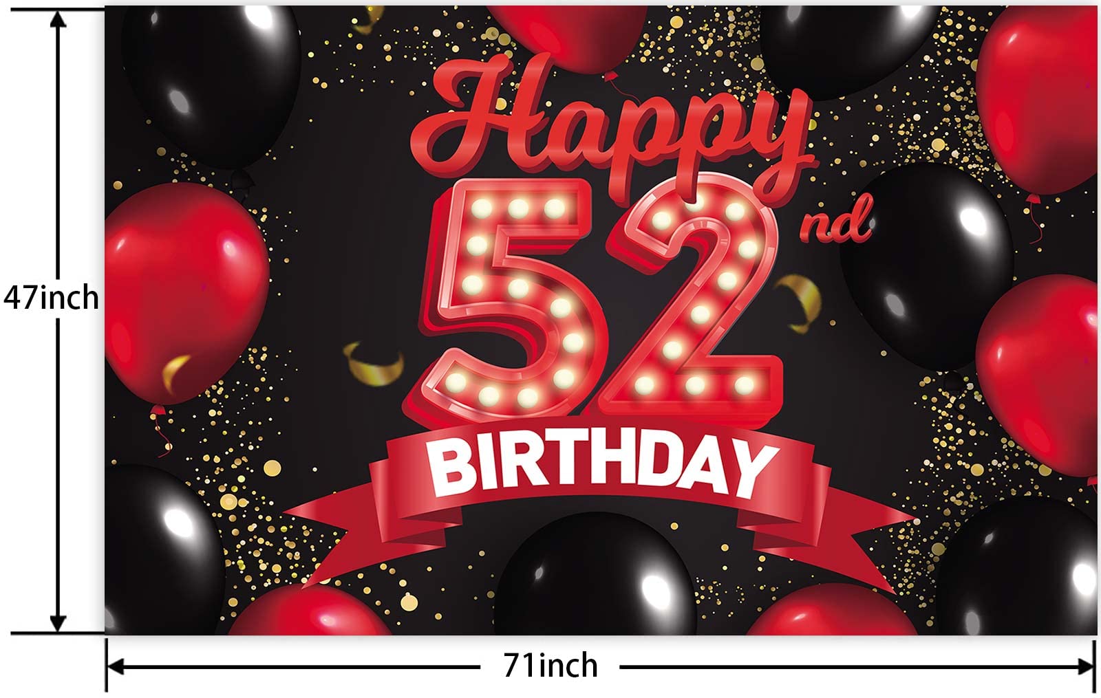 Happy 52Nd Birthday Red And Black Banner Backdrop Decorations Balloons Theme Decor For Girls Women Princess 52 Years Old Birthda