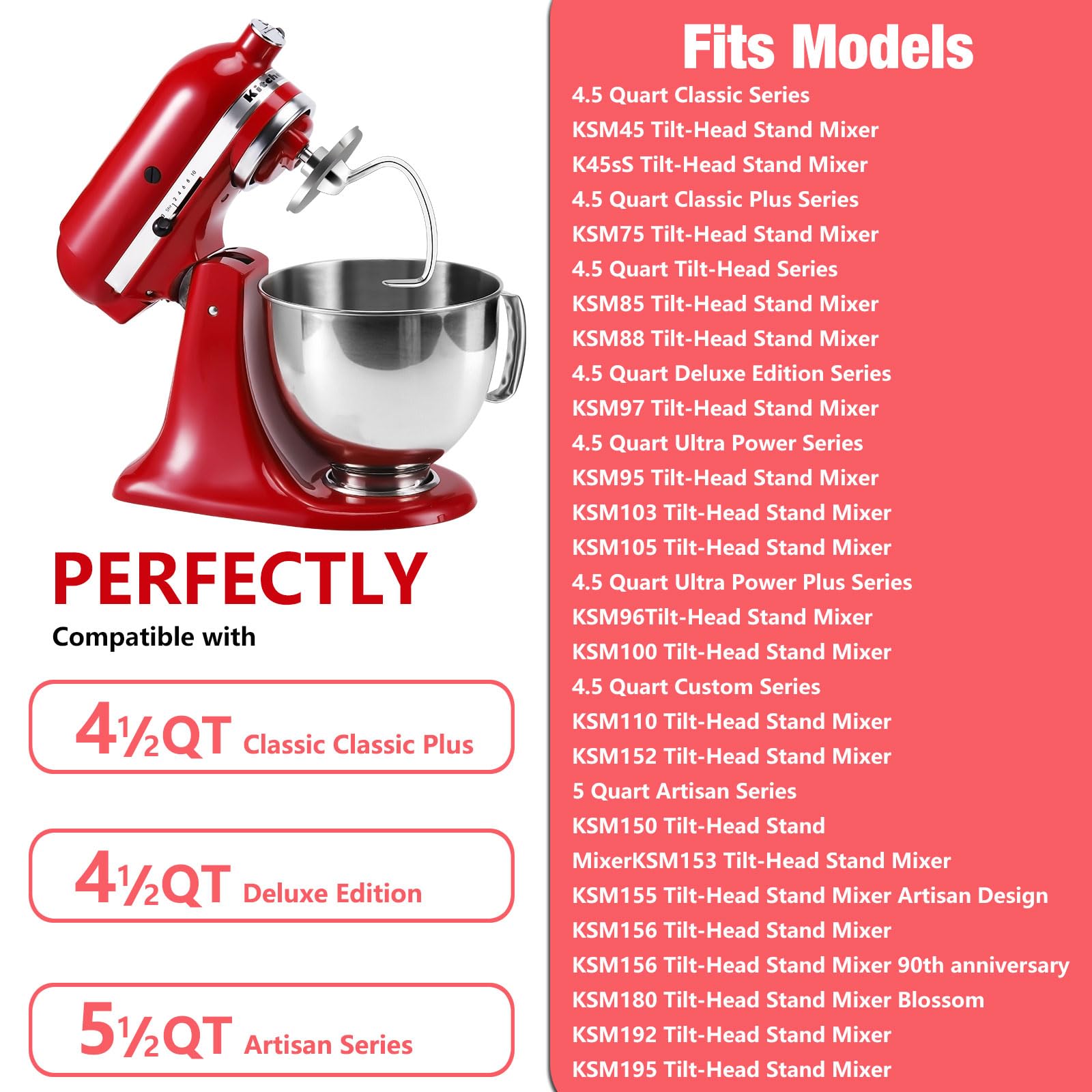 Stainless Steel Stand Mixer Attachments 3 Piece (4.5 5Qt Flat Beater, 4.5 5Qt Dough Hook, K45Ww 6 Wire Whip Attachment) For Kitc