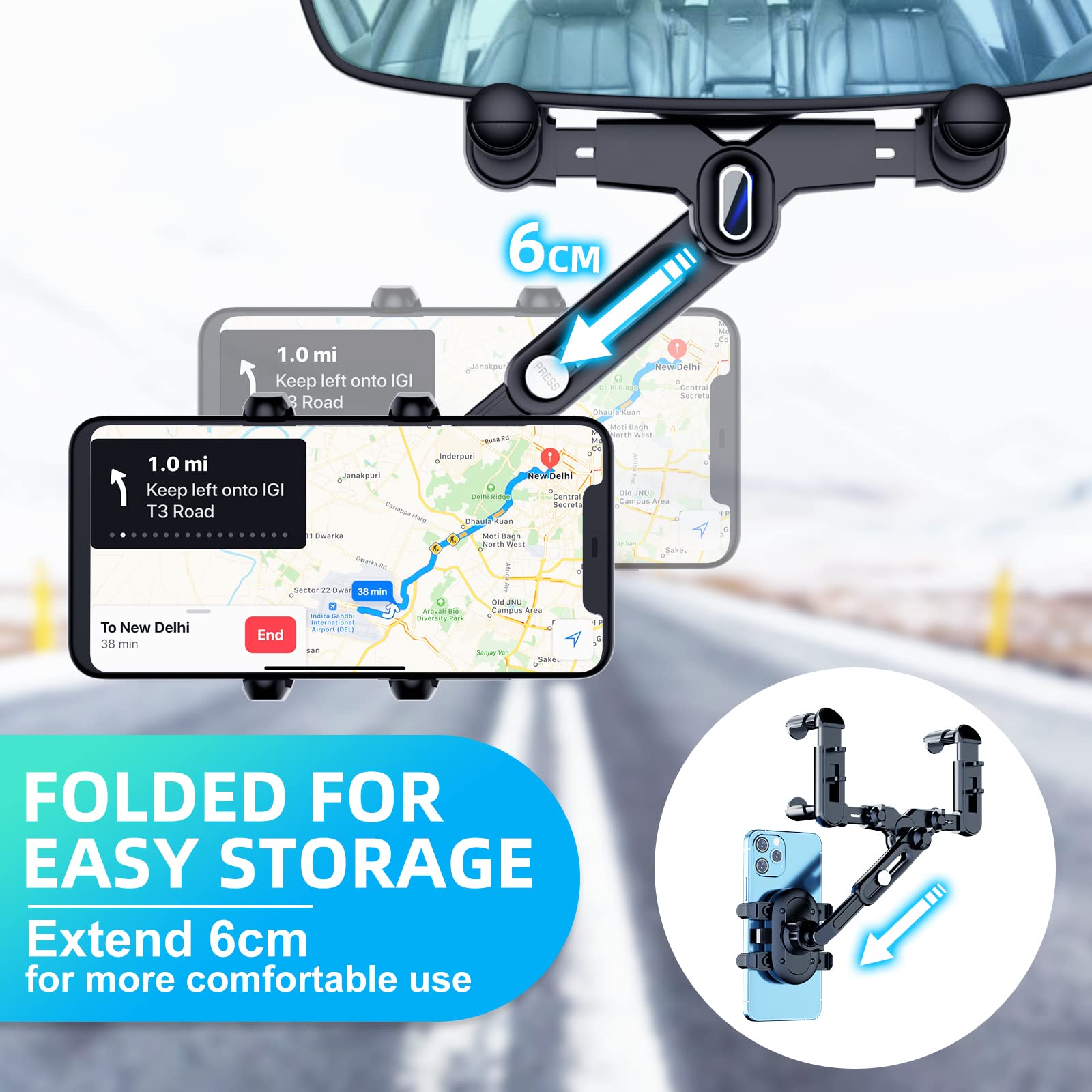 Phone Mount For Car, 360 Rotatable And Retractable Car Phone Holder Mount Free Adjustment Rear View Mirror Phone Holder For Car
