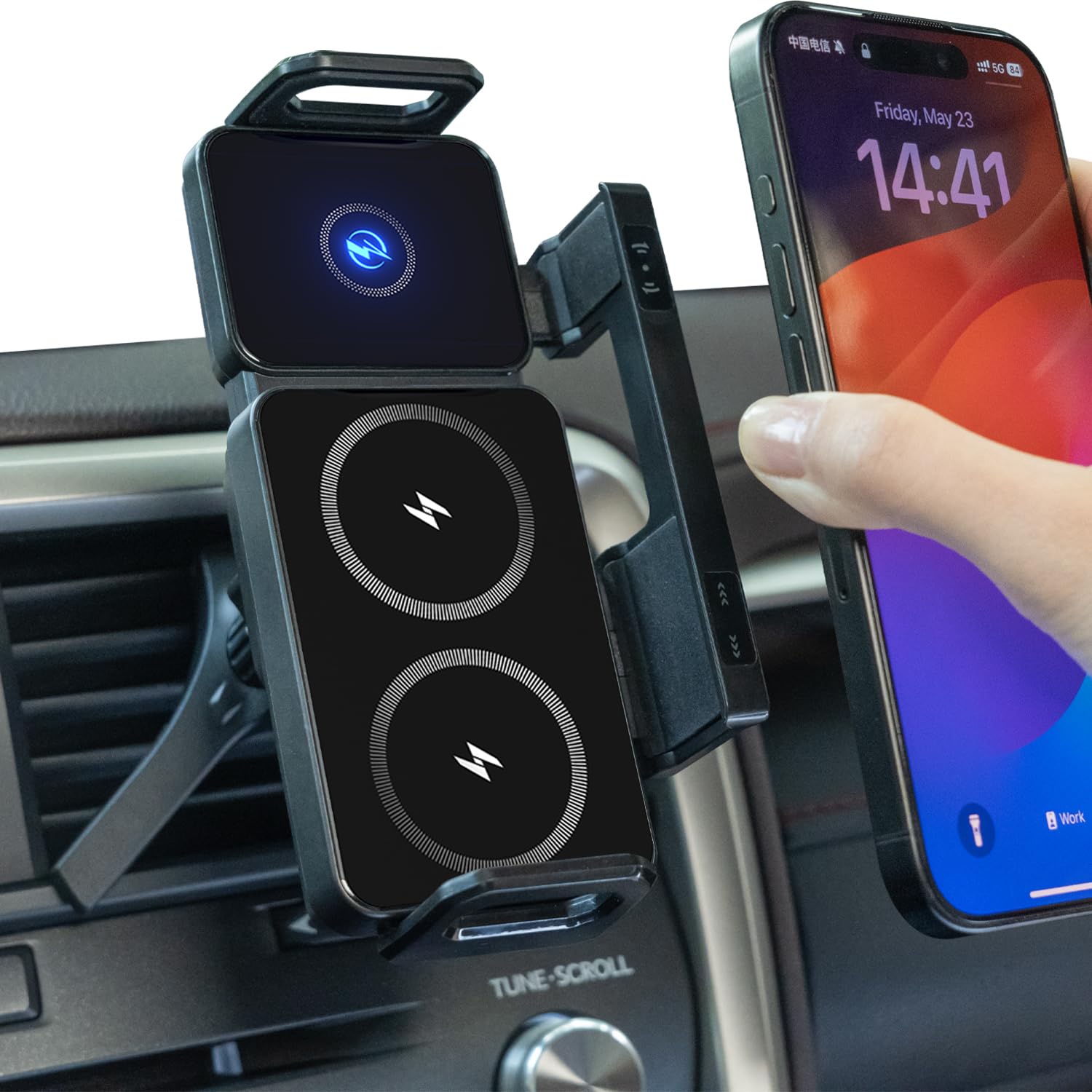 Tzzpl Car Phone Holder, Ultra Stable Dashboard Air Vent Cell Phone Car Mount, 15 Watt Dual Coil Wireless Fast Charger, Rotating 