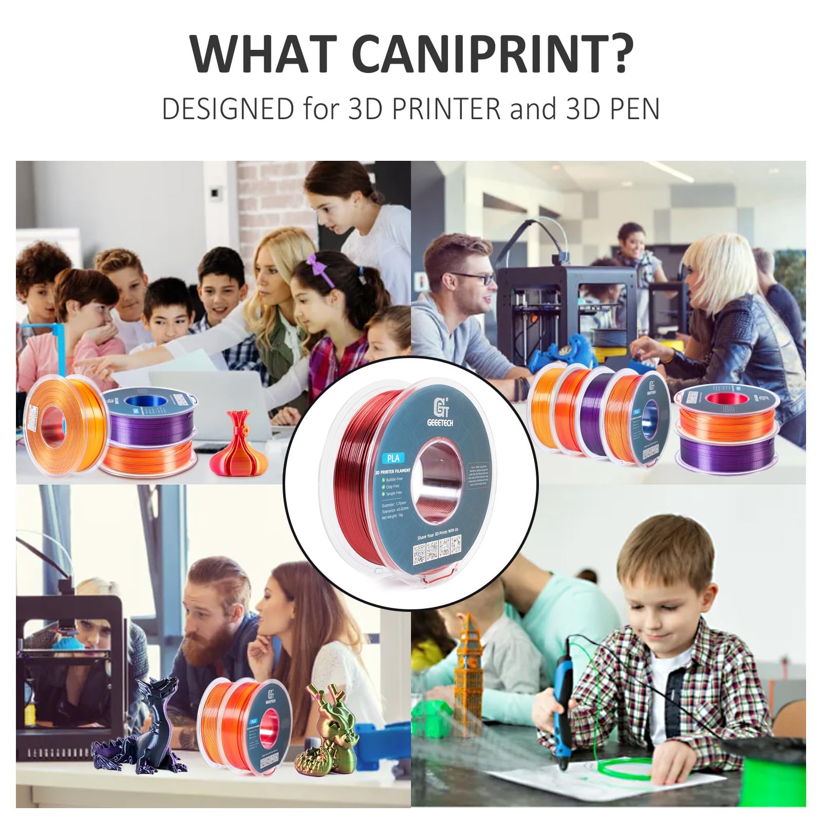 Geeetech 3D Printer Silk Pla Tri Color Filament,Metal Like Shiny Silk Filament 1.75Mm 1Kg (2.2Lbs) Spool,Dimensional Accuracy +/