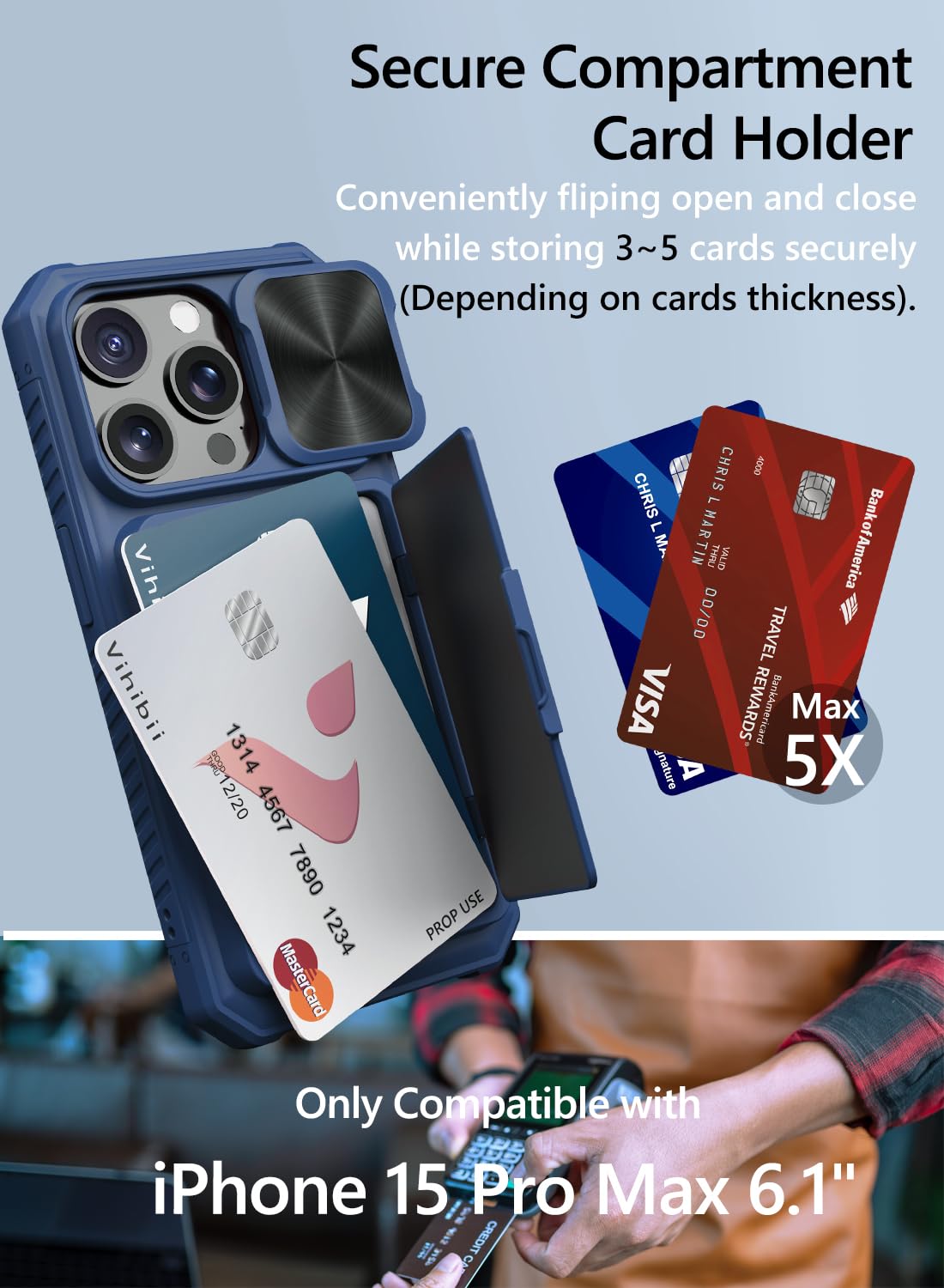 Vihibii For Iphone 15 Pro Wallet Case With Card Holder (4 Cards) & Slide Camera Lens Protective Cover & Kickstand, Heavy Duty Sh