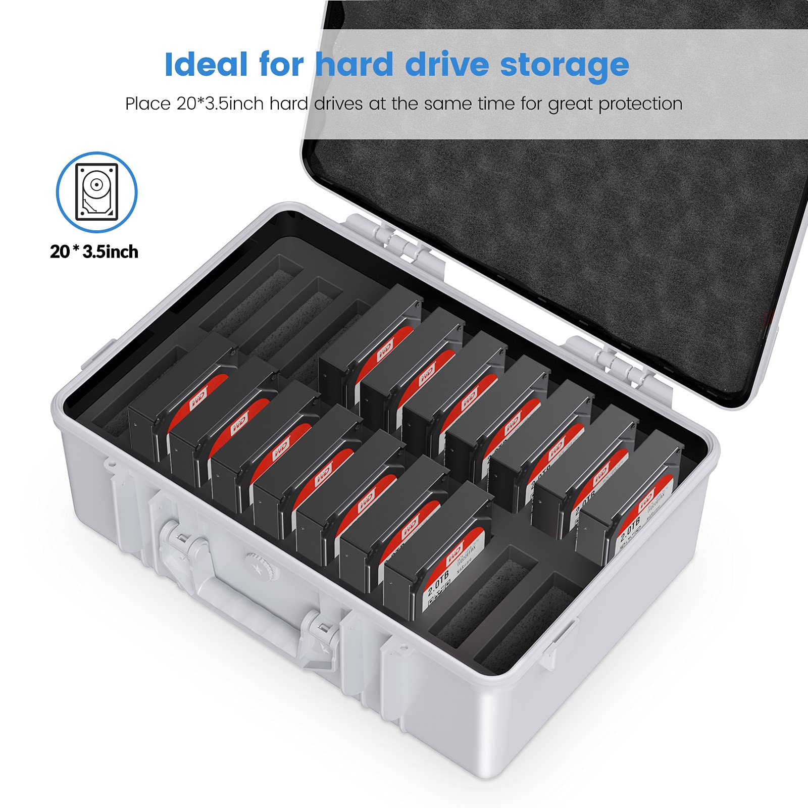 ORICO Hard Drive Case 3.5inch 20 Bay HDD/SSD Multi Protection Storage Suitcase with Foam Hard Case Shockproof Anti Static MoistureProof Carrying Case  PSC L20