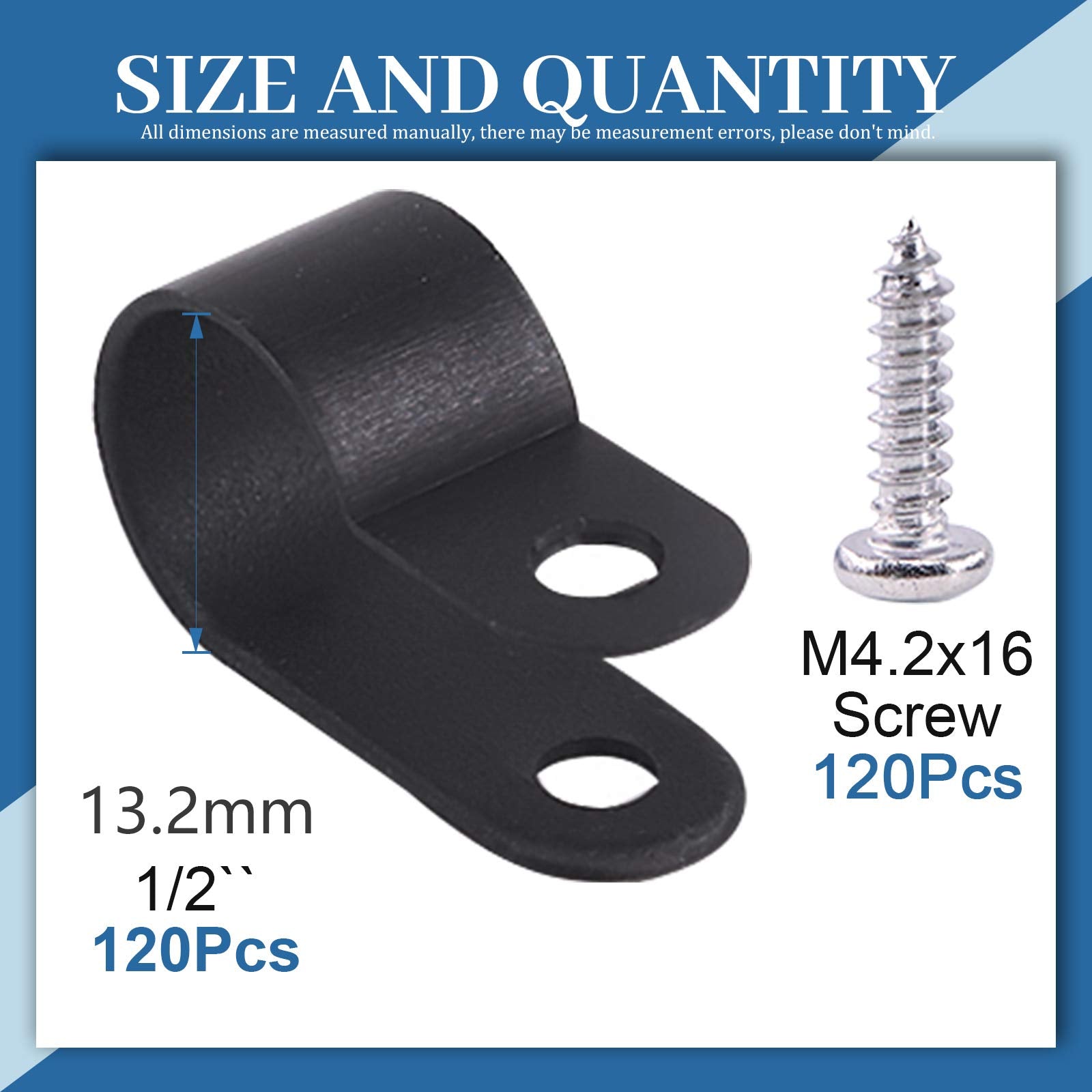 Glarks 120Pcs 1/4 Inch Black Nylon Screw Mounting R Type Cable Clip Wire Clamp With 120Pcs Screws For Wire, Cable, Conduit And C