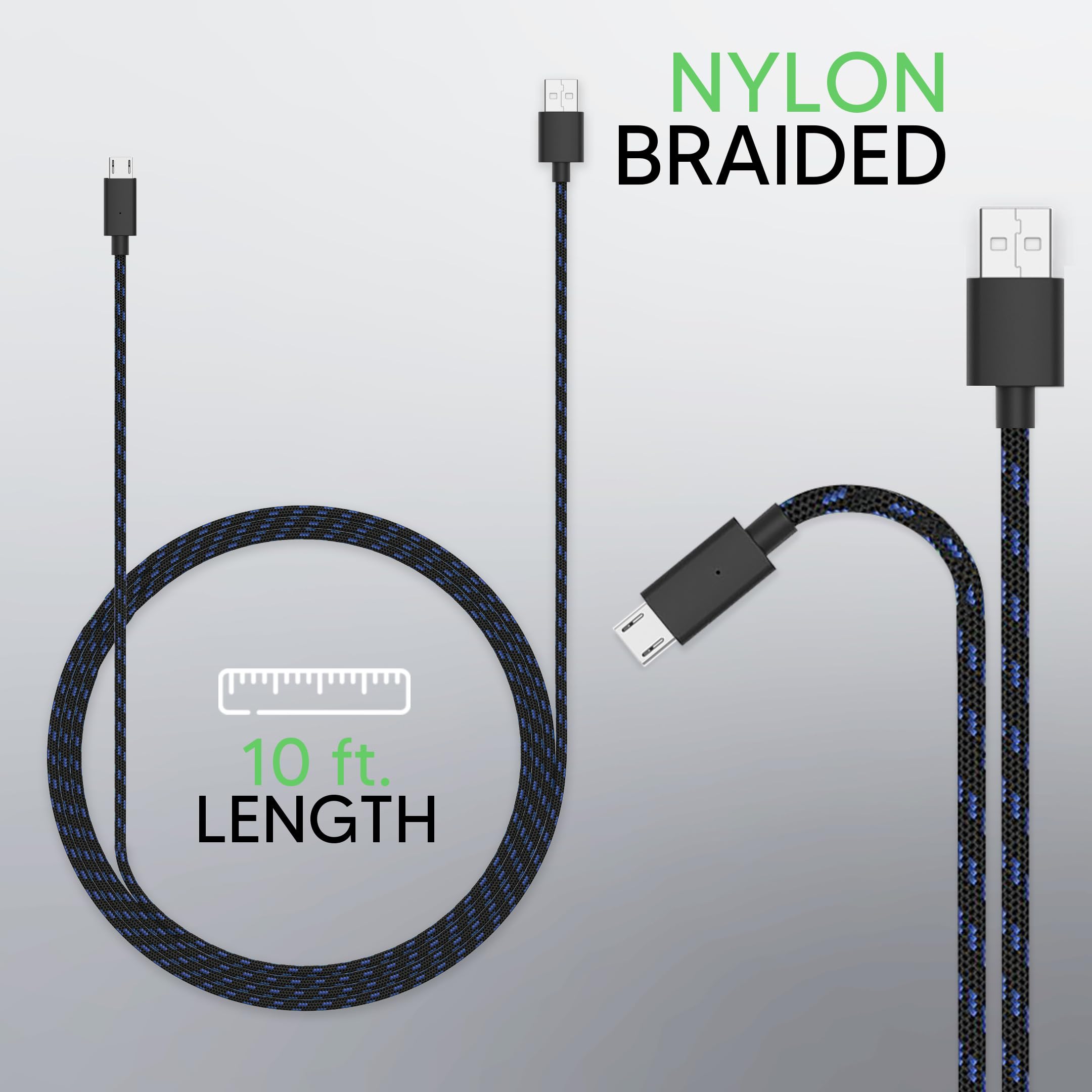 Talkworks Controller Charger Cord For Xbox One   2 Pack 10 Ft Nylon Braided Micro Usb Charging Cable   Also Android Compatible W