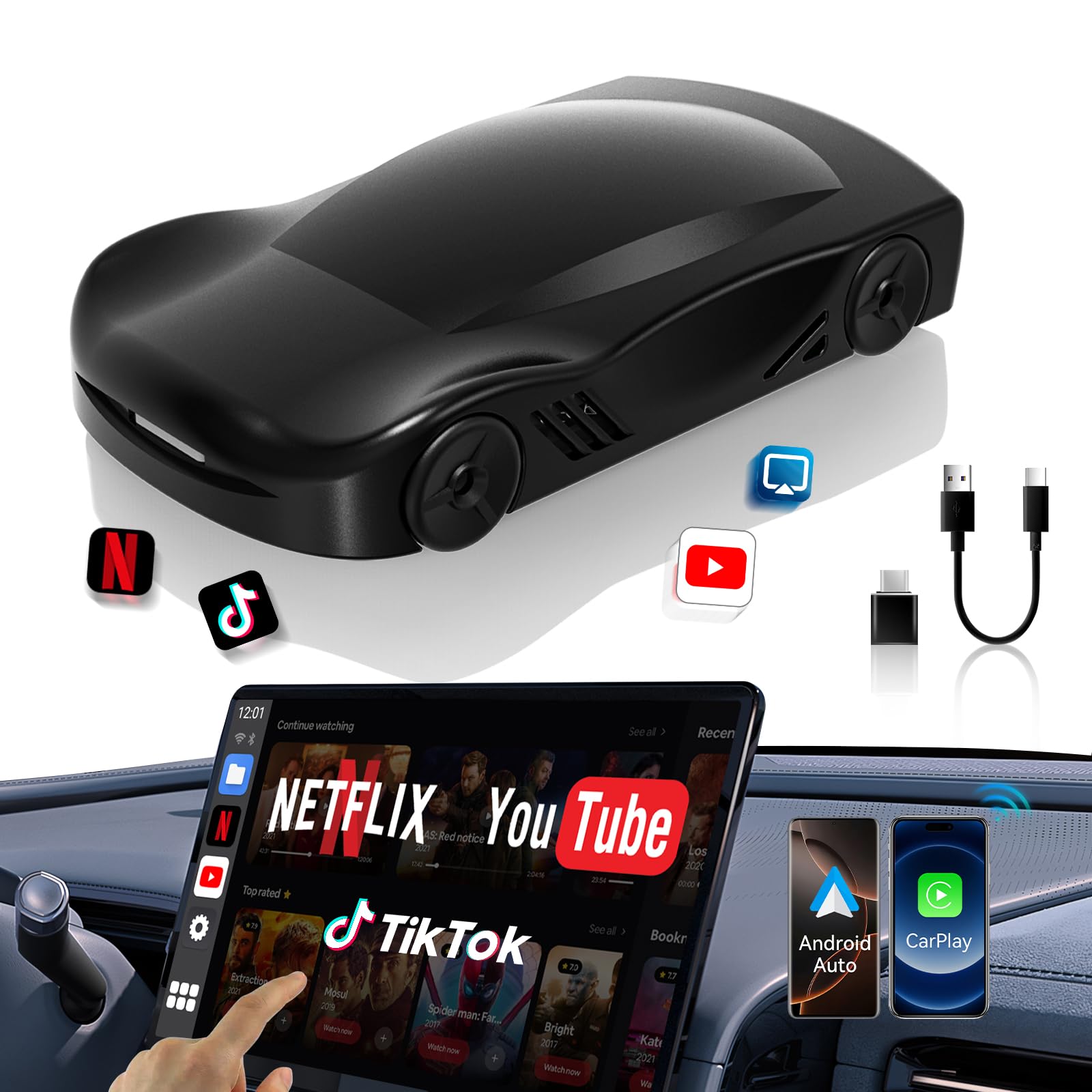 4 In 1 Carplay Ai Box,Wireless Carplay & Android Auto Adapter,Supports Netflix/Youtube/Tik Tok/Screen Mirror Link/Tf Card,Suitab