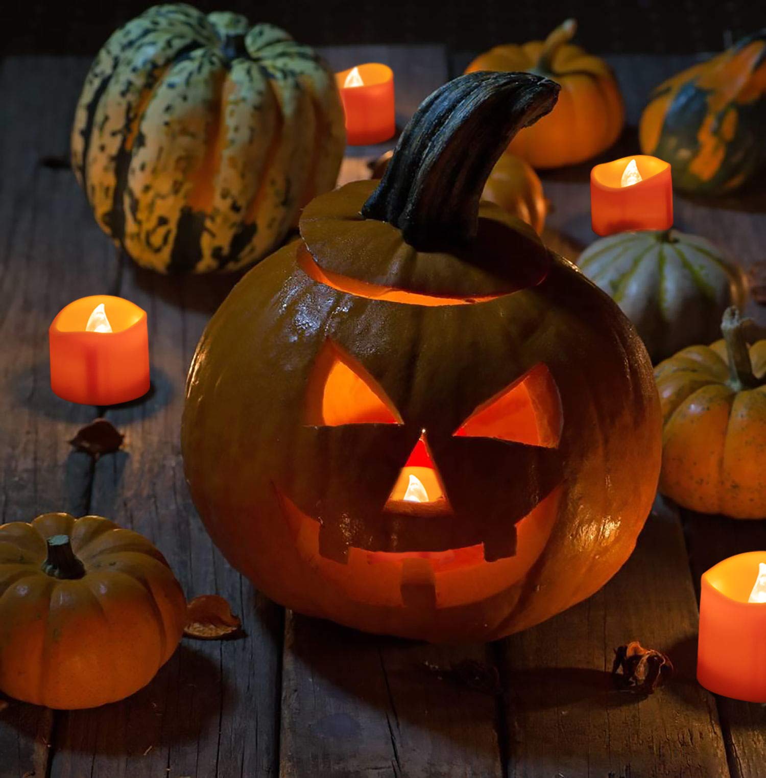 Beichi 24 Pack Halloween Tea Lights, Realistic Orange Tea Candles, Battery Operated Flameless Tealights For Halloween, Fall Deco