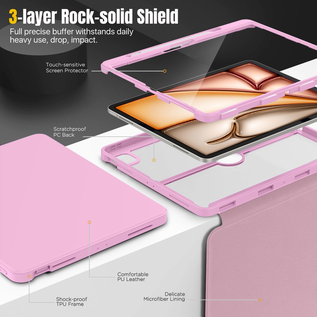 MoKo for iPad Air 13 Inch Case M2 2024 with Pencil Holder, iPad Air 13 Case, [Built in Screen Protector], iPad Air 13' Case with Clear Back & Magnetic Multi Angle Stand Cover, Nosegay Pink