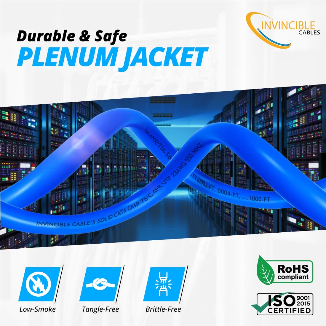 Cat6 Plenum (Cmp) 1000Ft Cable | 0.57Mm 100% Solid Copper, 550 Mhz, 23Awg, 4 Pair, Utp | Fluke Dsx 8000 Tested Up To 100M | Poe,