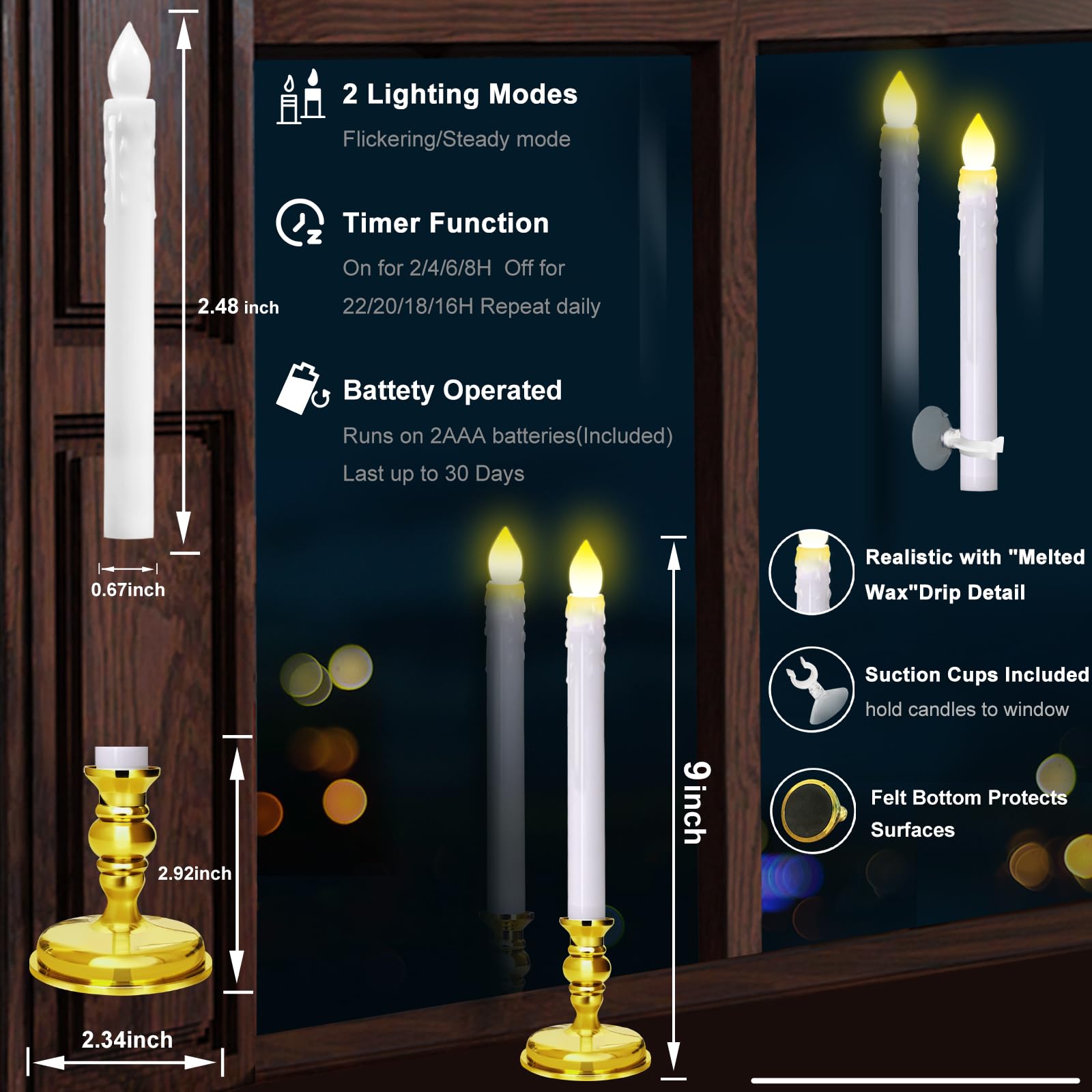 12 Pack Flameless Led Window Candles With Drip Texture,Removable Candle Holders,24 Aaa Batteries,Daily Timer,On/Off Remote,12 Wi