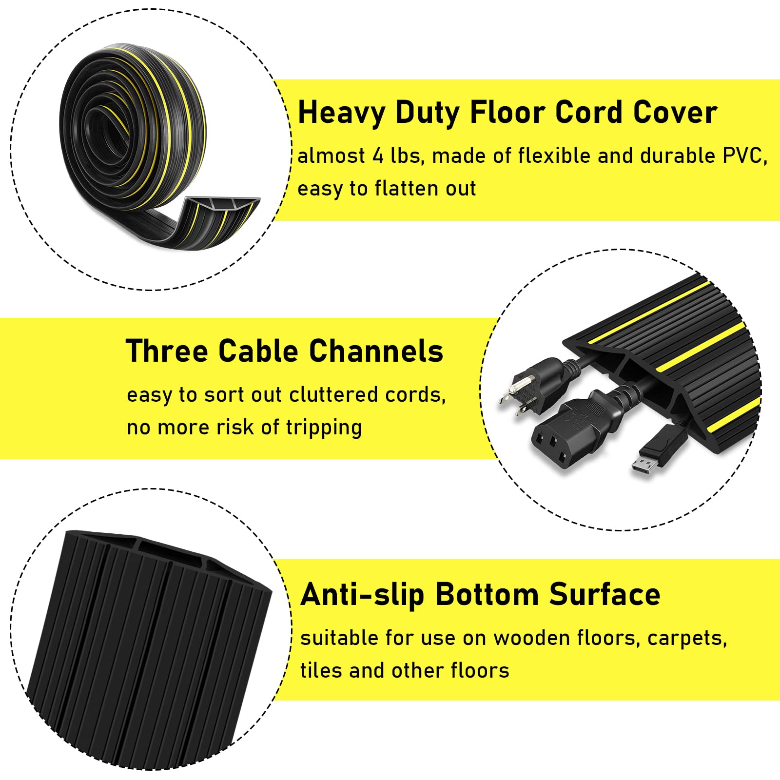Floor Cord Cover, 6.5 Ft Floor Cable Cover Heavy Duty Rubber Cable Protector 3 Channels Cable Management Extension Cord Cover Hi
