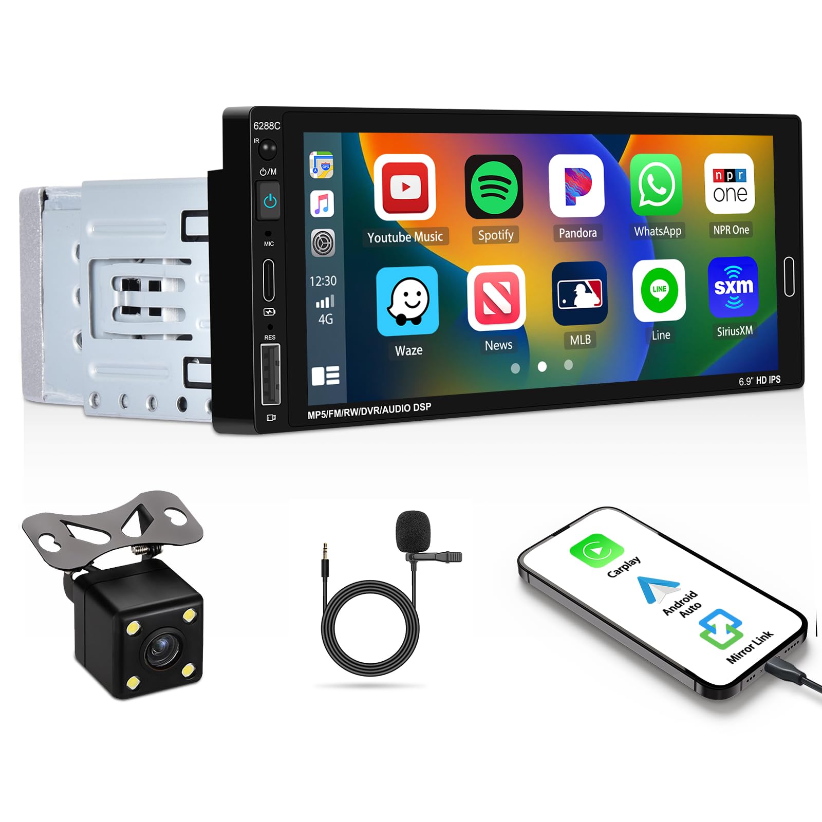 Unitopsci Single Din Bluetooth Car Stereo Compatible With Apple Carplay Android Auto 6.86 Inch Touch Screen Car Mp5 Player Mirro