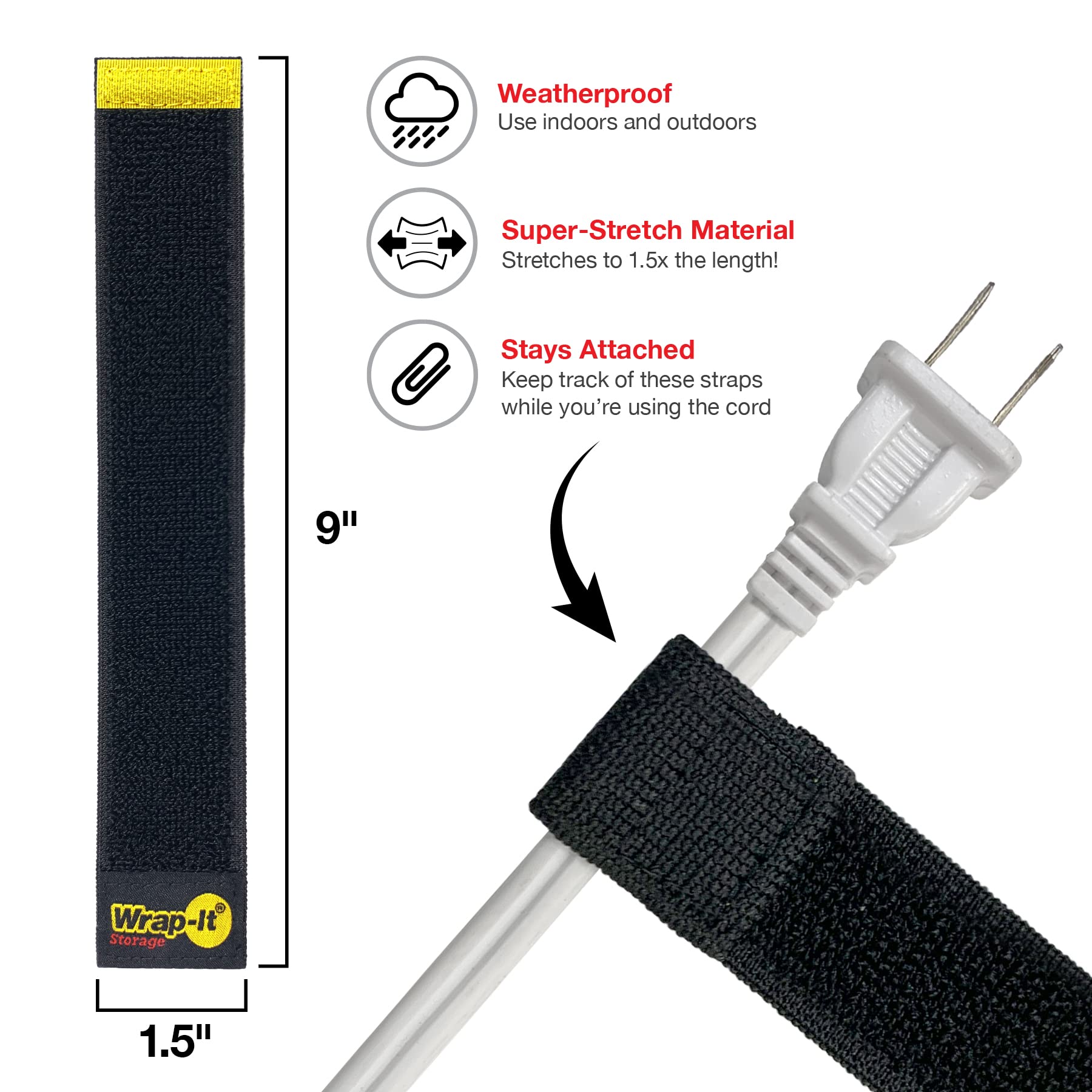 Selfie Straps By Wrap It Storage, 9 Inch (10 Pack), Black   Stretchy Hook And Loop Cord Organizer That Stays Attached To Cord Fo