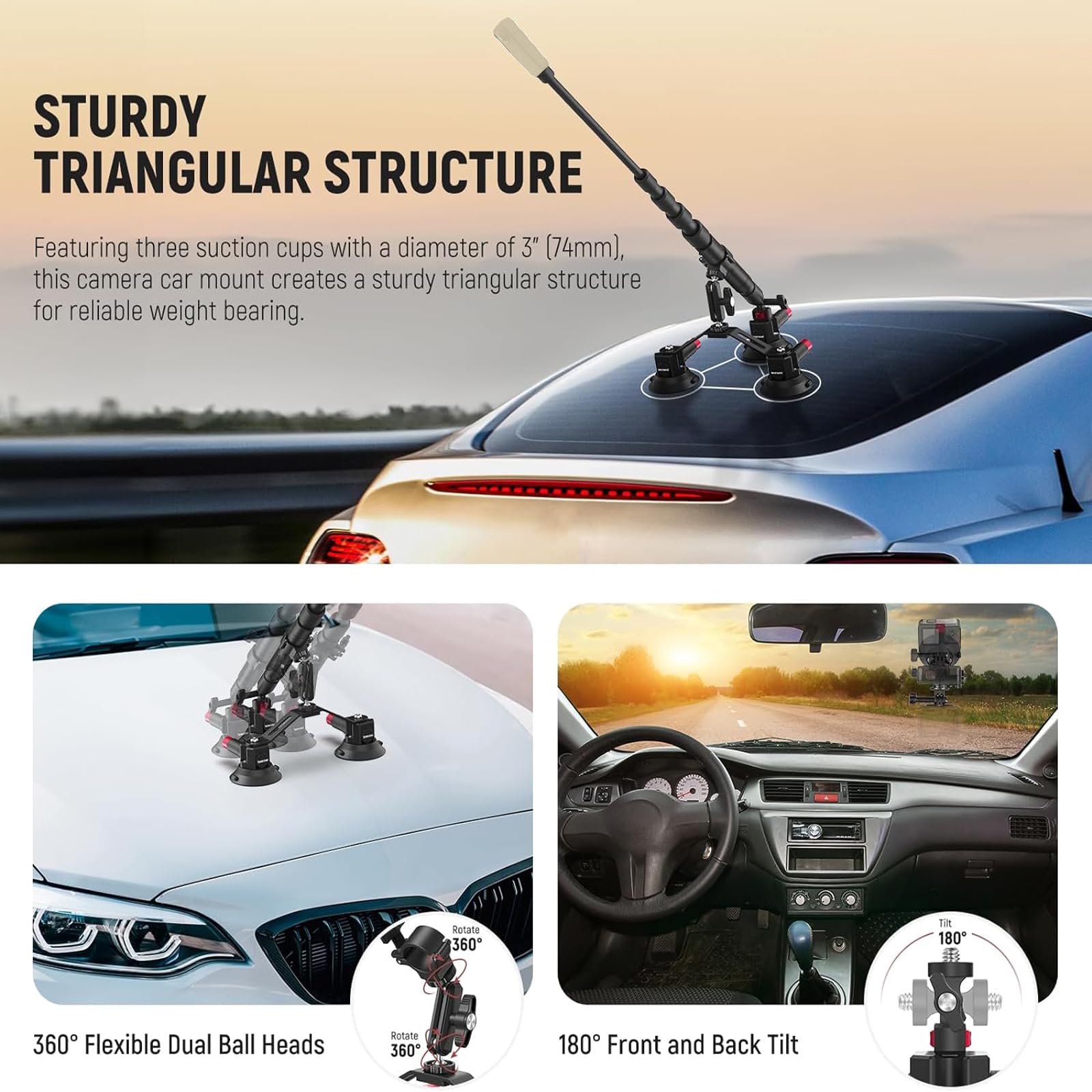 Neewer Triple Suction Cup Car Mount Kit With 2In1 Extension Pole/Selfie Stick, Quick Release Outside Windshield Magic Arm Camera