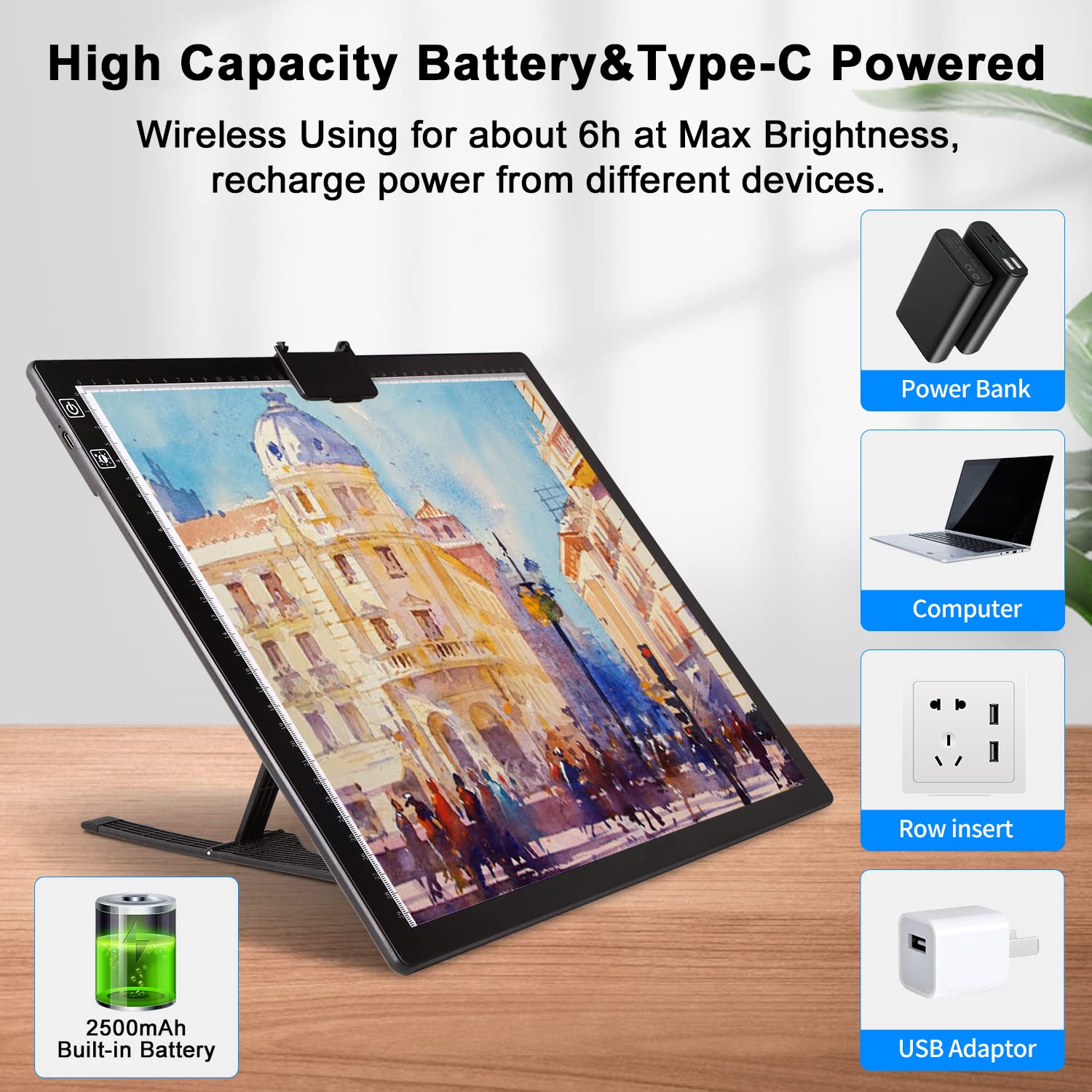 A3 Light Pad, Elice Tracing Light Box 3 Colors Mode Stepless Dimmable And 6 Levels Of Brightness Light Copy Pad, Wireless Rechar