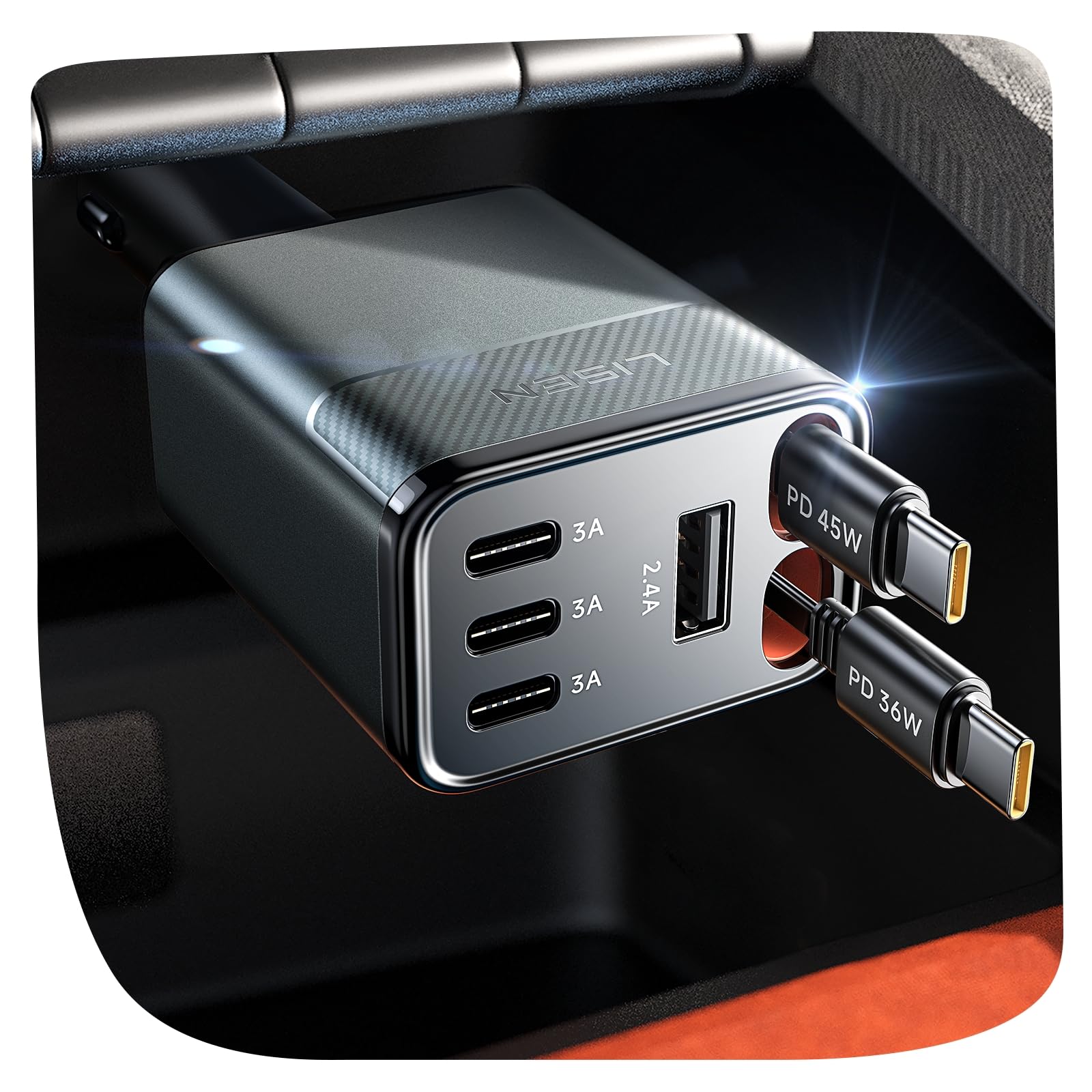 LISEN 138W Retractable USB C Car Charger Fast Charge 6Port for iPhone 17