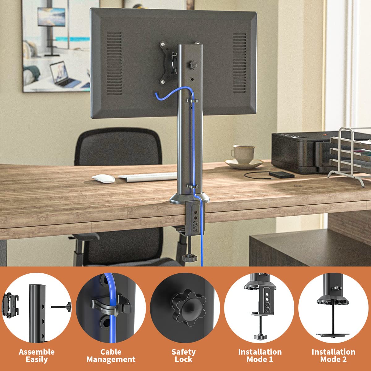Hemudu Single Desk Monitor Arm Mount Stand Fit For 13 Inch To 34 Inch Flat Curved Computer Screen With Swivel, Height Adjustable