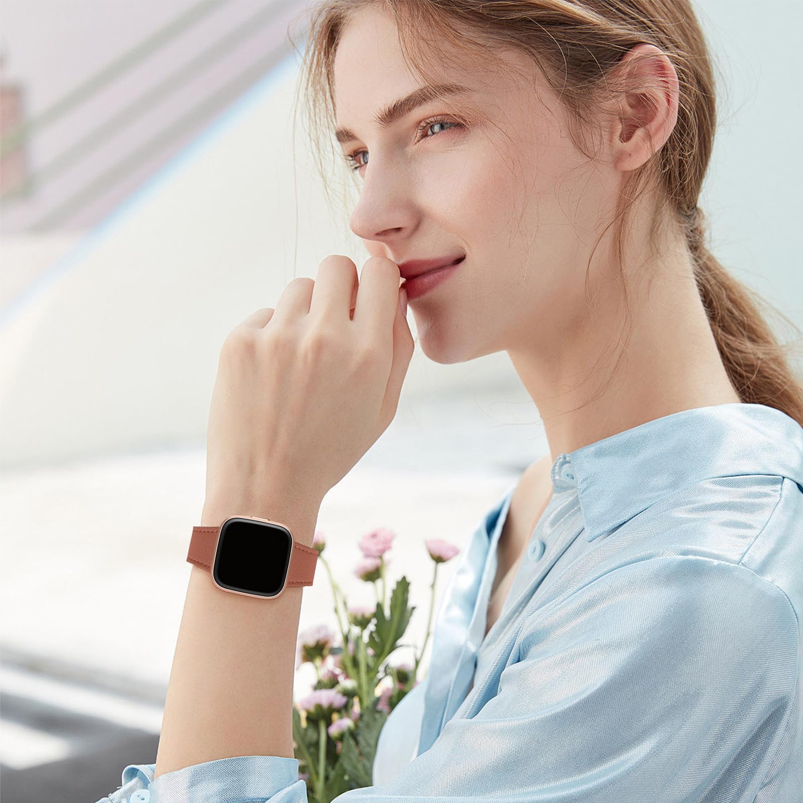 Wfeagl For Fitbit Versa Band, Top Grain Leather Band For Fitbit Versa/Versa 2 /Versa Lite/Versa Se Fitness Smart Watch (Brownban