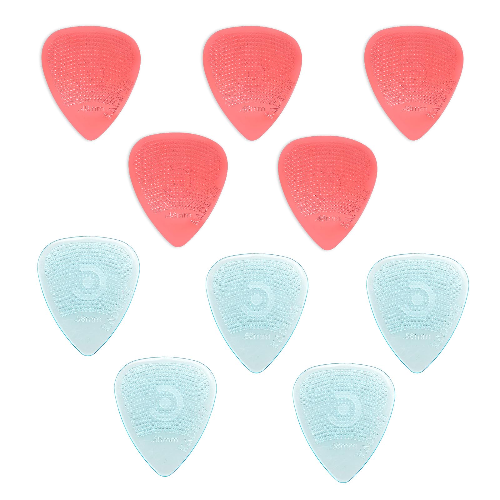 Kadence 10 Guitar Picks with Hostile Grip - Anti slip, Stronger 0.58mm- 5pc and 0.48mm - 5pc Guitar Plectrums (Stop Dropping you