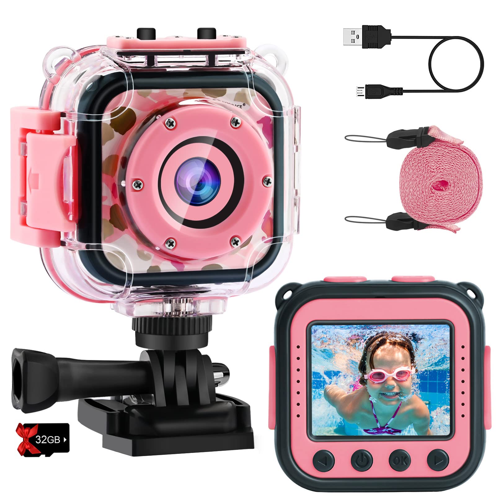 PROGRACE Kids Waterproof Camera Girls - Kids Video Camera Underwater 1080P HD Children Camcorder Digital Cameras for Girls Chris