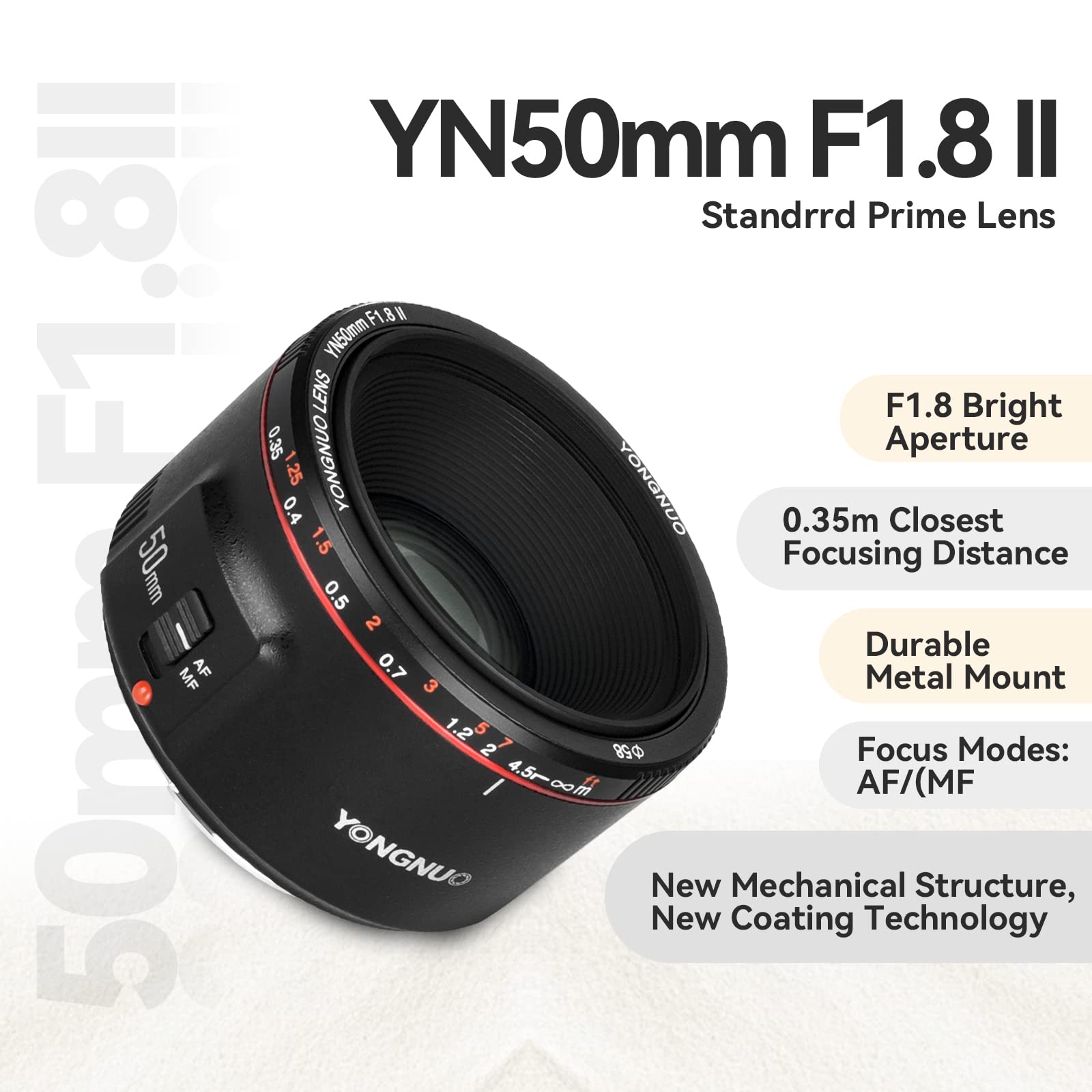 Yongnuo Yn50Mm F1.8 Ii Lens For Canon, 50Mm F1.8C Large Aperture, Af/Mf Standard Prime Lens For Canon