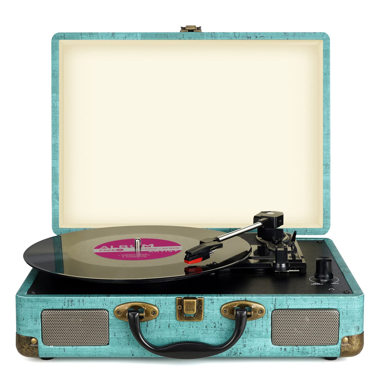 3 Speed Portable Bluetooth Turntable With Built In Speakers, Supports Bluetooth, Rca Output, 3.5Mm Aux In And Headphone Jack And