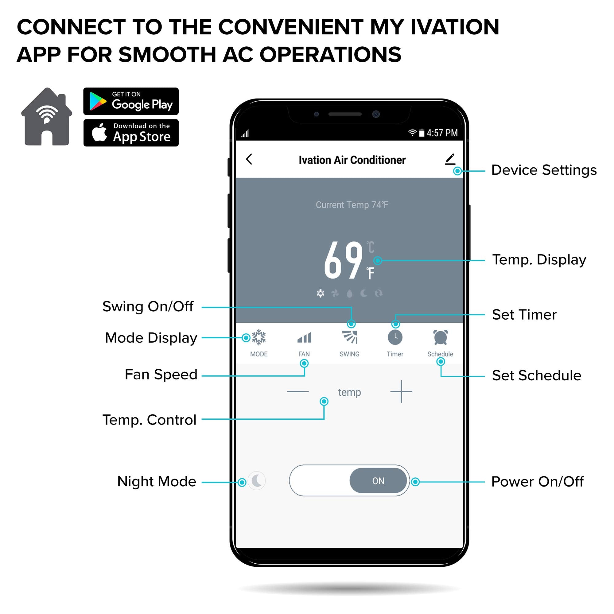 Ivation 13,000 Btu Portable Air Conditioner With Wi Fi For Rooms Up To 500 Sq Ft (8,500 Btu Sacc) 3 In 1 Smart App Control Cooli