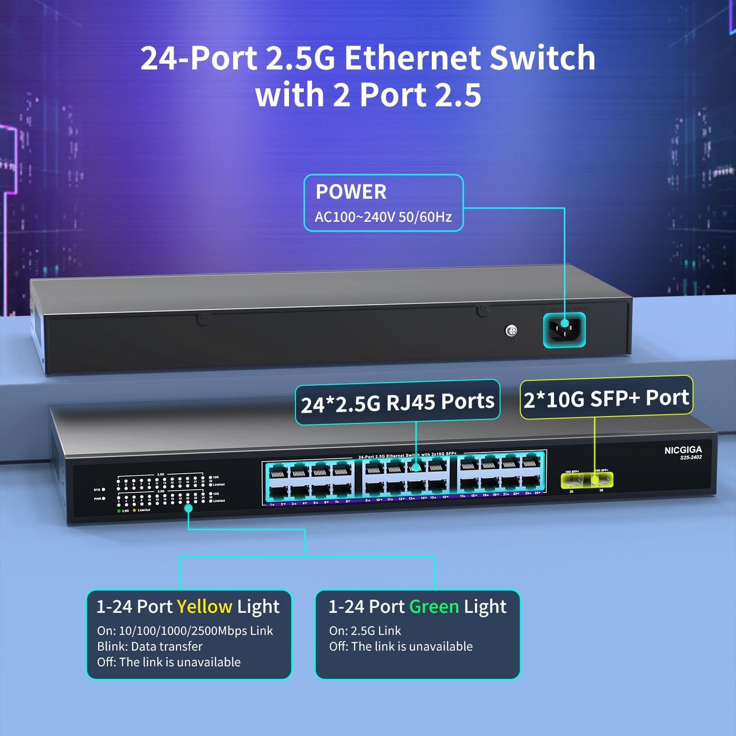 24 Port 2.5G ? 2 Port 10G Sfp+ Ethernet Switch, Nicgiga 26 Port 2.5Gb Network Switch Unmanaged, Plug & Play, Desktop Or 19 Inch