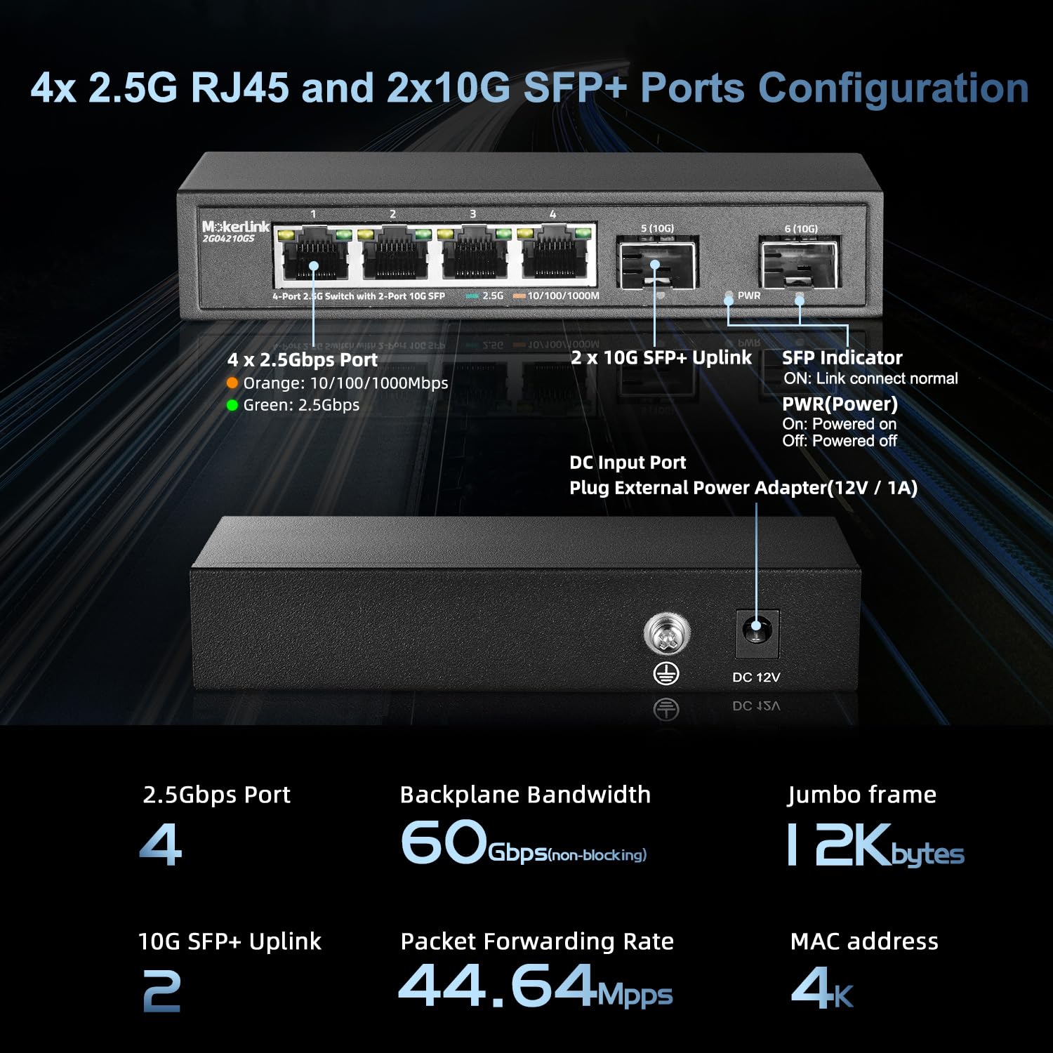 Mokerlink 4 Port 2.5G Ethernet Switch With 2X10G Sfp, 4 X 2.5G Base T Ports Compatible With 10/100/1000Mbps, Metal Unmanaged Fan