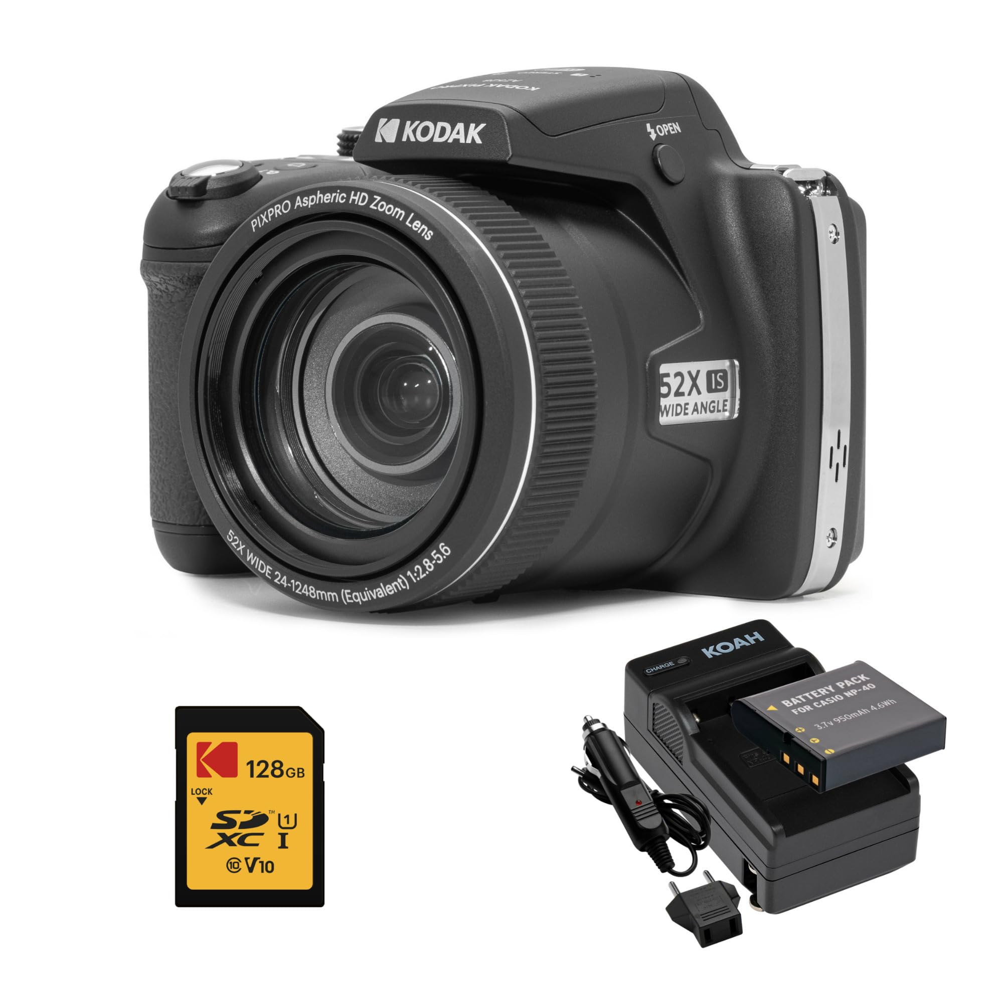 Kodak PIXPRO AZ528 16MP Astro Zoom Digital Camera with 52x Optical Zoom (Black) Bundle with 128GB SD Card and Rechargeable Batte