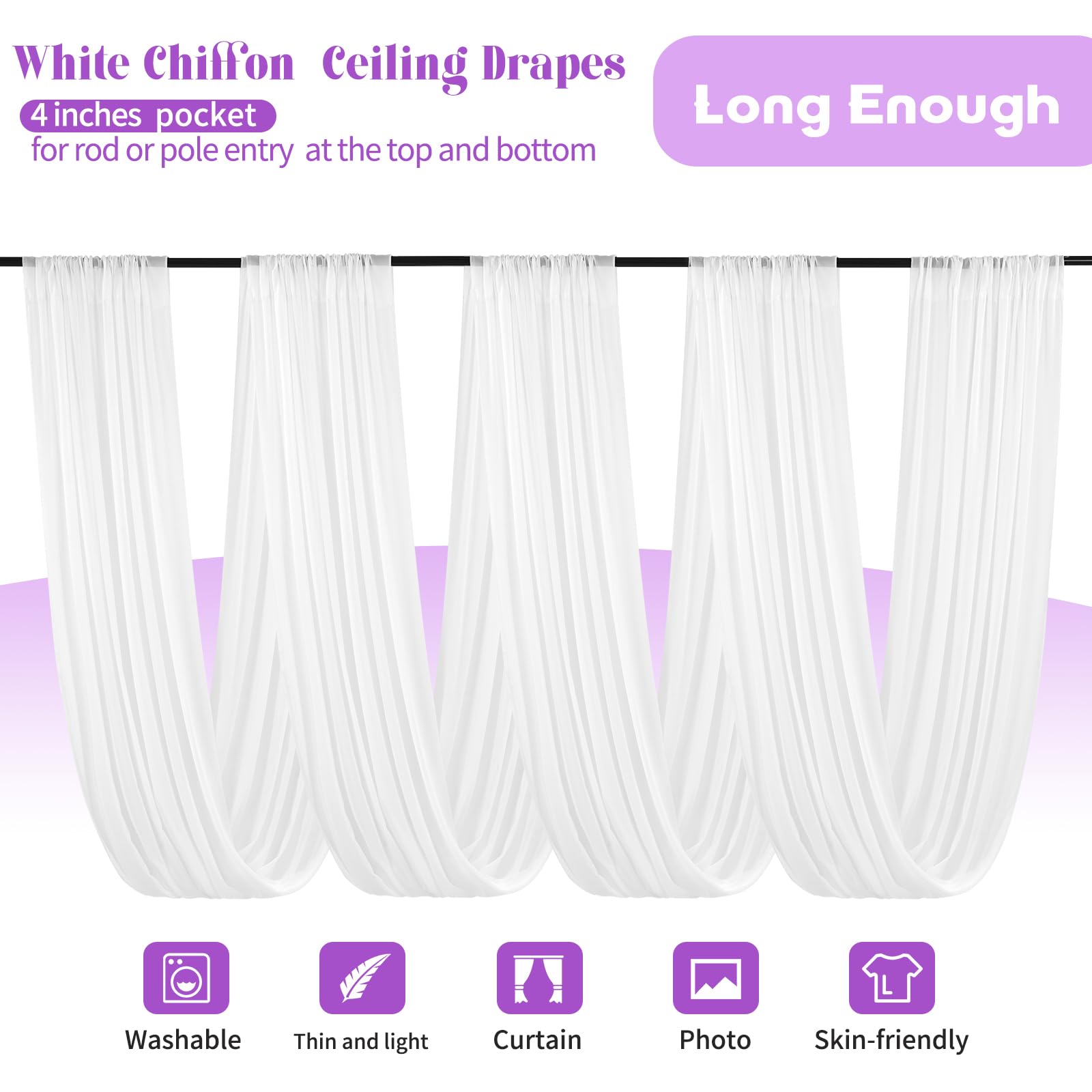 6 Panels White Ceiling Drapes For Wedding Ceiling Drapes 5Ftx30Ft Wedding Arch Draping Fabric Sheer Curtains Voile Chiffon Drape