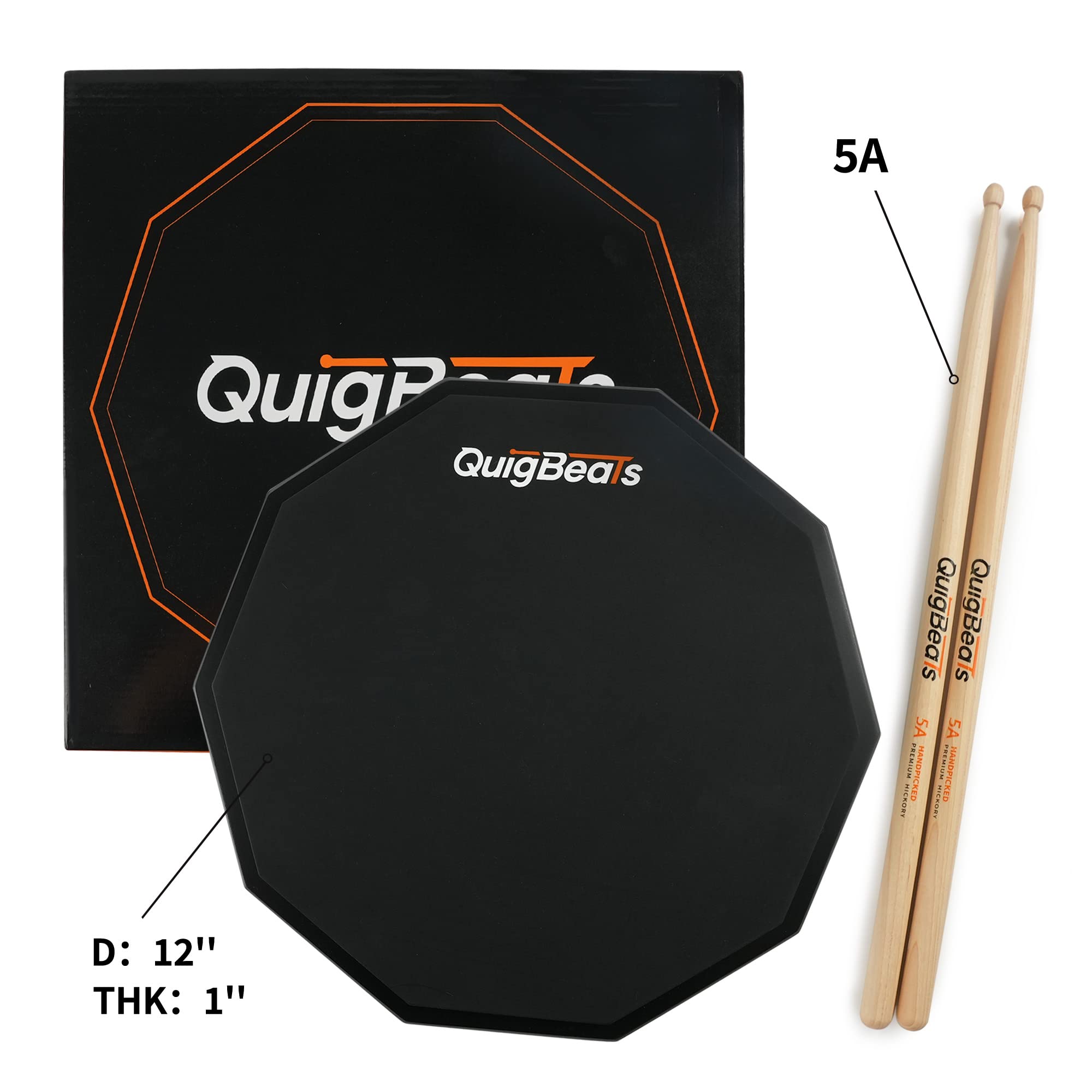 Quigbeats Drum Pad & Premium Drum Sticks, Silent Drum Practice Pad With Pitch Matched 5A Drumsticks, 12 Inch Single Side Practic