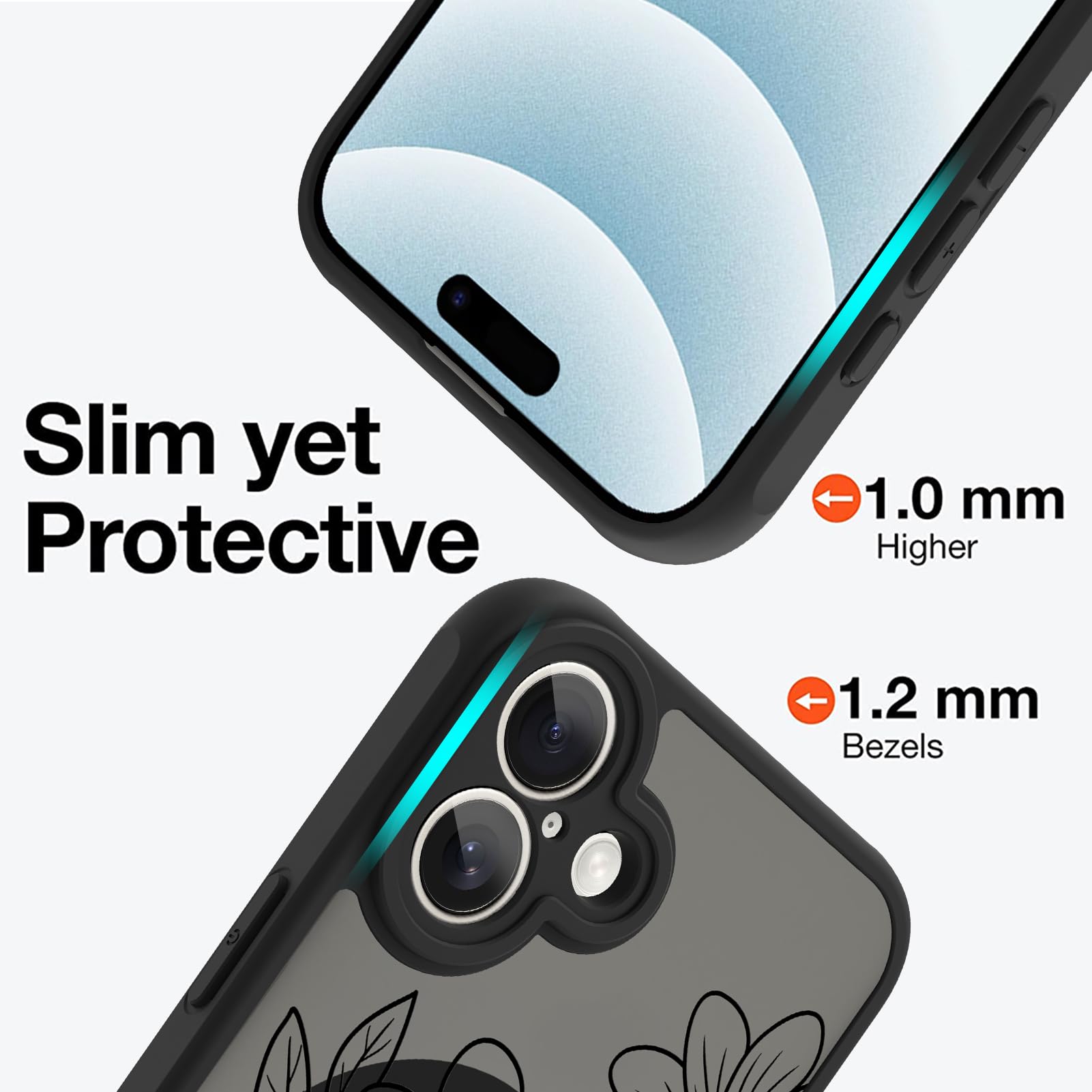 Ook Magnetic For Iphone 16 Case Black Flower Sunflower Pattern [Compatible With Magsafe] Slim Translucent Matte Camera Lens Prot