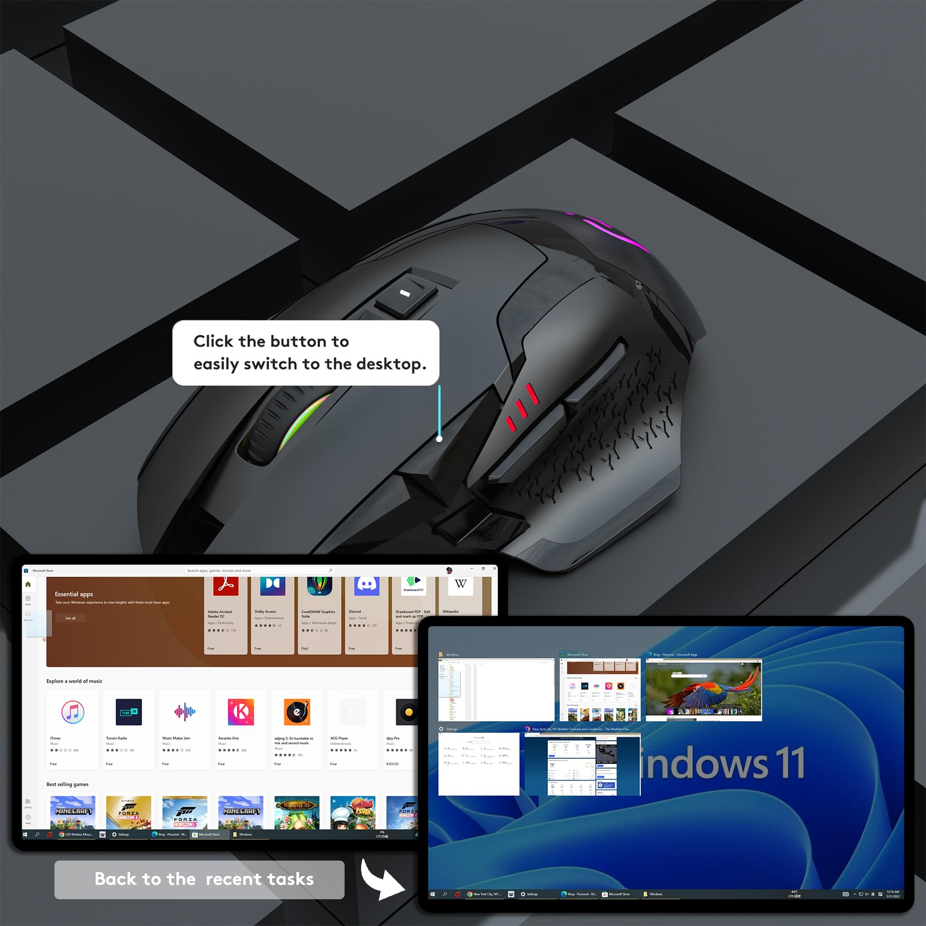 Nyiefada Wireless Bluetooth Mouse For Laptop Thumb Rest Ergonomic   4000Dpi Rechargeable 10 Buttons/Shortcuts Usb C Rgb Silence,