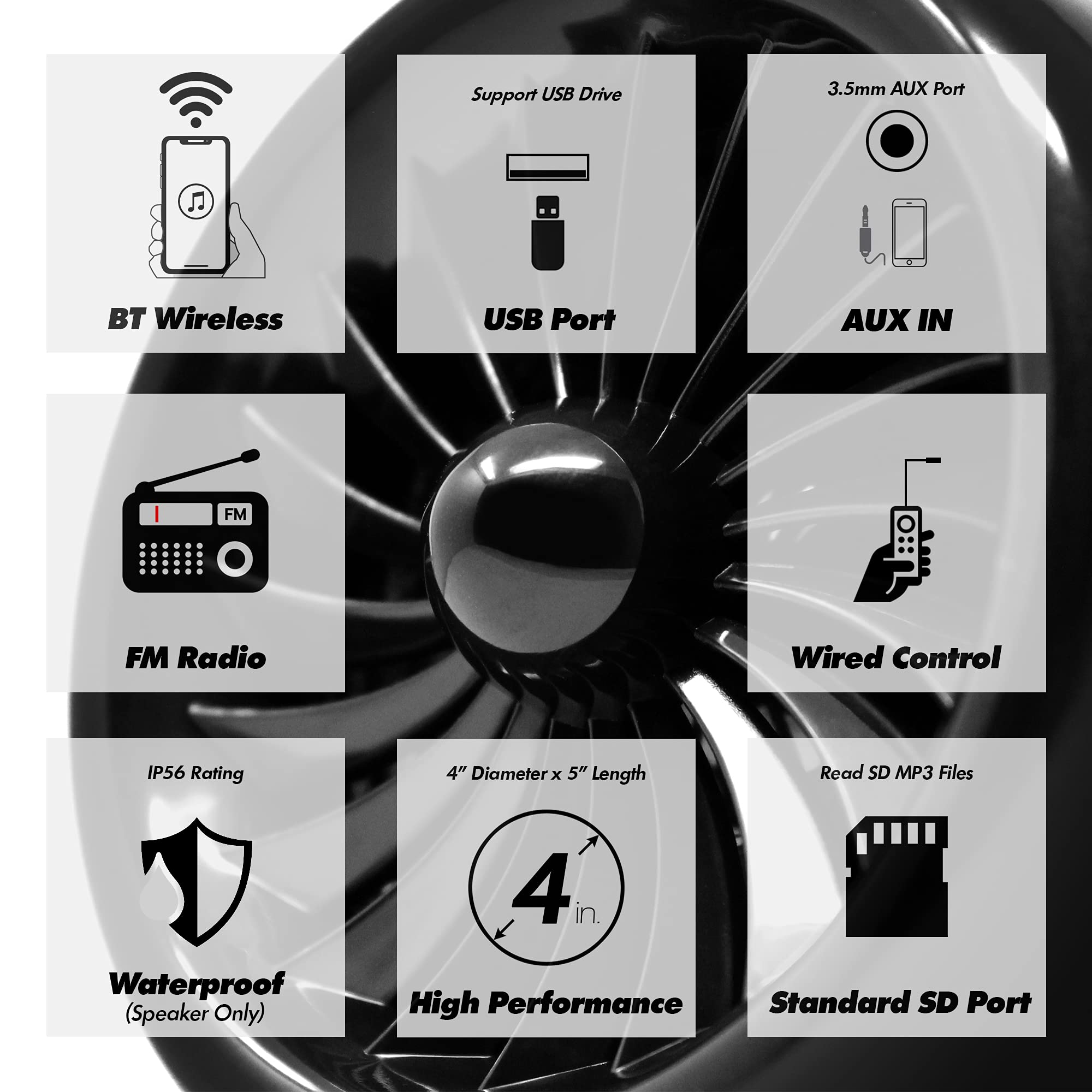 Gohawk Tj4-Q 1000W 4 Channel Amplifier 4 Full Range Waterproof Bluetooth Motorcycle Stereo Speakers Audio System Aux Usb Sd Radi