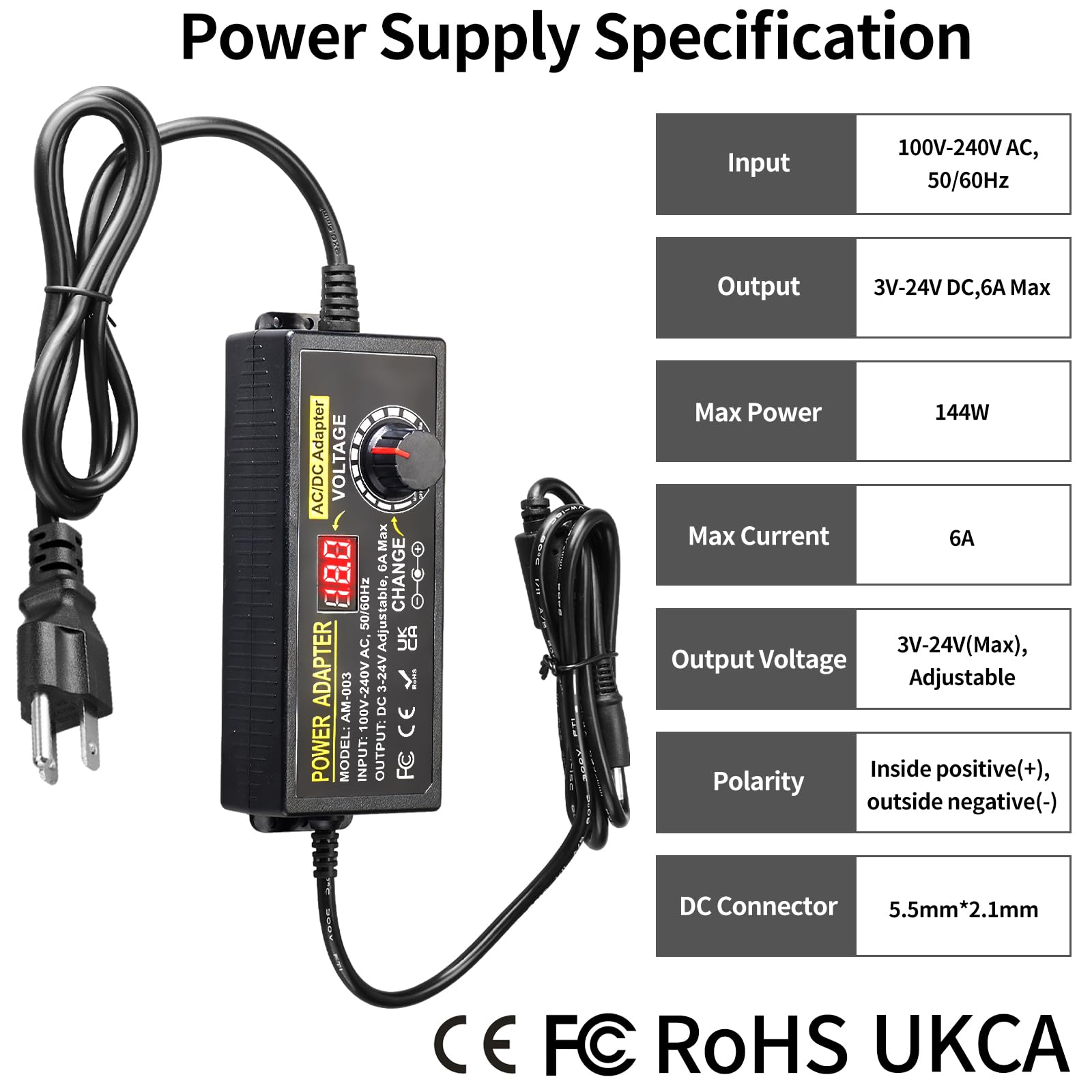 3V~24V 6A 144W Adjustable Power Supply 3V 5V 6V 9V 10V 12V 15V 18V 20V 24V Universal Variable Switching Power Ac/Dc Adapter,100V